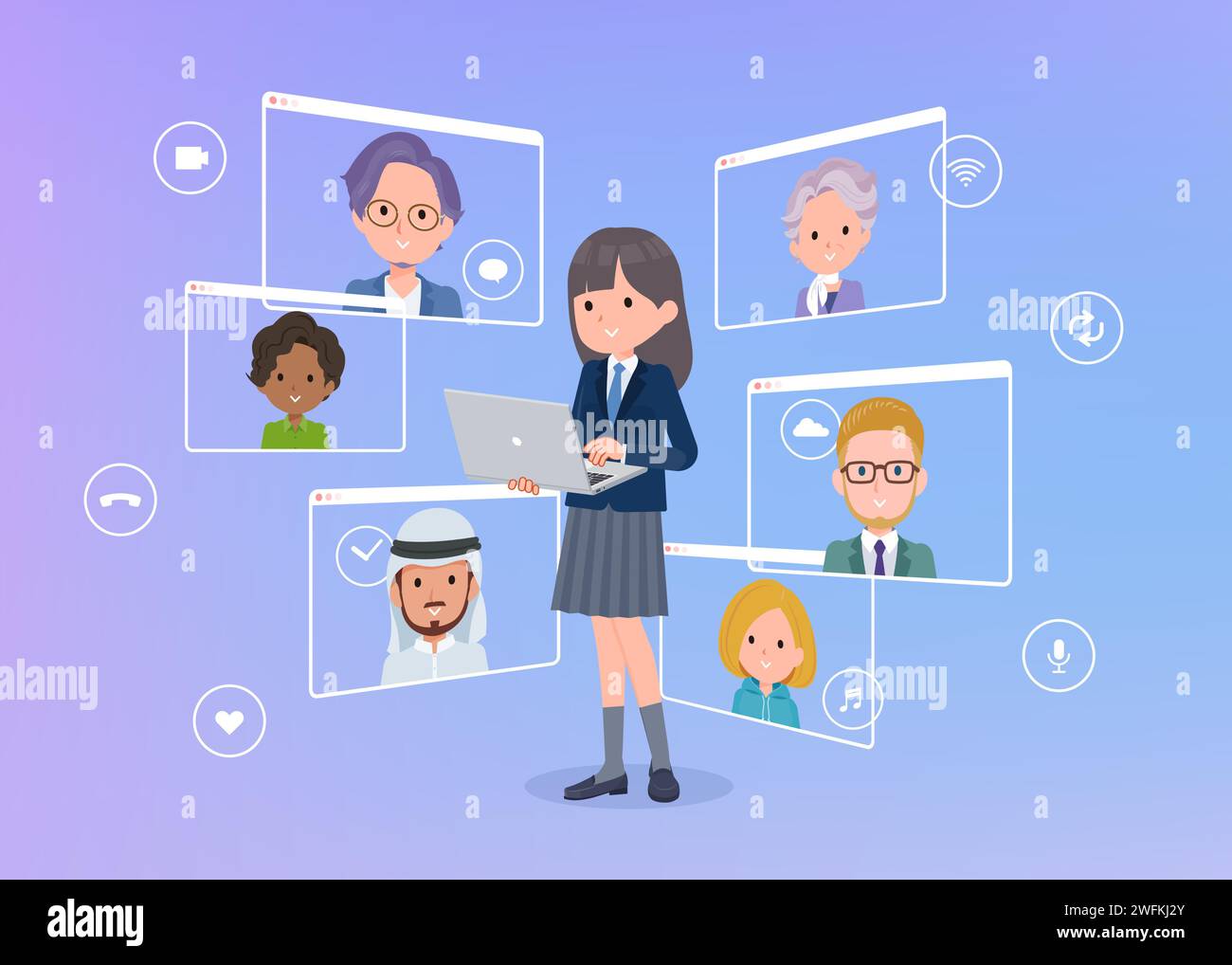 A set of navy blazer student women communicating online using a laptop.It's vector art so easy to edit. Stock Vector