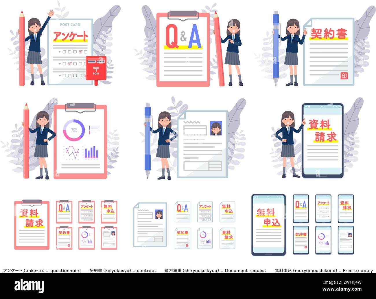 A set of navy blazer student women and various documents.It's vector art so easy to edit. Stock Vector