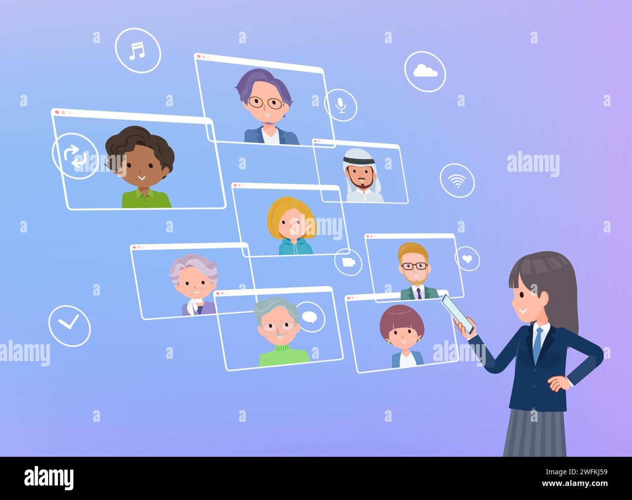 A set of navy blazer student women communicating online using a smartphone.It's vector art so easy to edit. Stock Vector