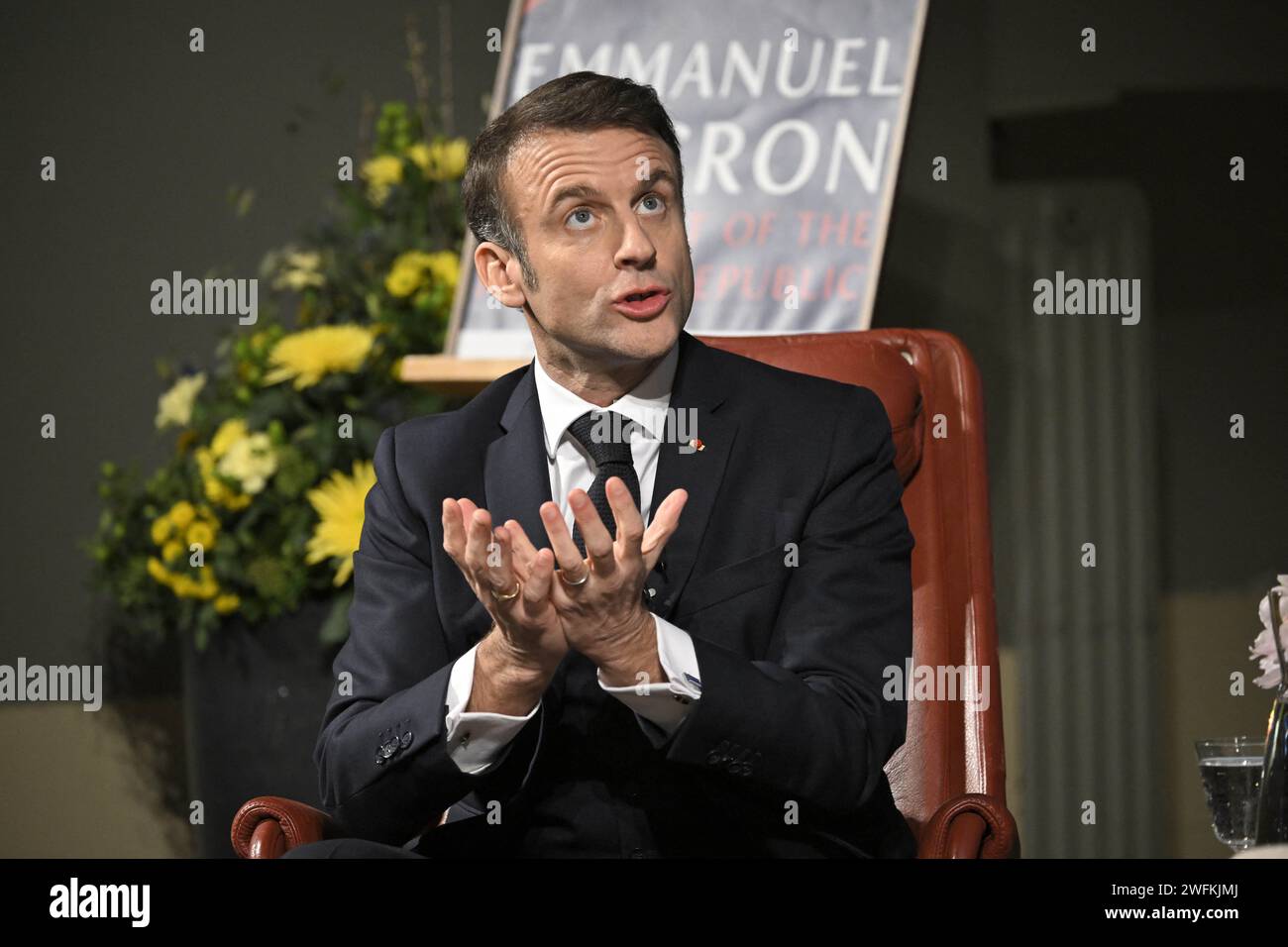 French President Macron during meeting with students on the resilience of democracies in Europe at Lund University in Malmo, Sweden, on January 31, 2024. French President Emmanuel Macron and Mrs Brigitte Macron are on a two-day state visit to Sweden. Photo by Eliot Blondet/ABACAPRESS.COM Credit: Abaca Press/Alamy Live News Stock Photo