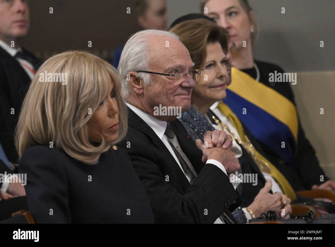 Brigitte Macron, King Carl XVI Gustaf and Queen Silvia during a meeting students on the resilience of democracies in Europe at Lund University in Malmo, Sweden, on January 31, 2024. French President Emmanuel Macron and Mrs Brigitte Macron are on a two-day state visit to Sweden. Photo by Eliot Blondet/ABACAPRESS.COM Credit: Abaca Press/Alamy Live News Stock Photo