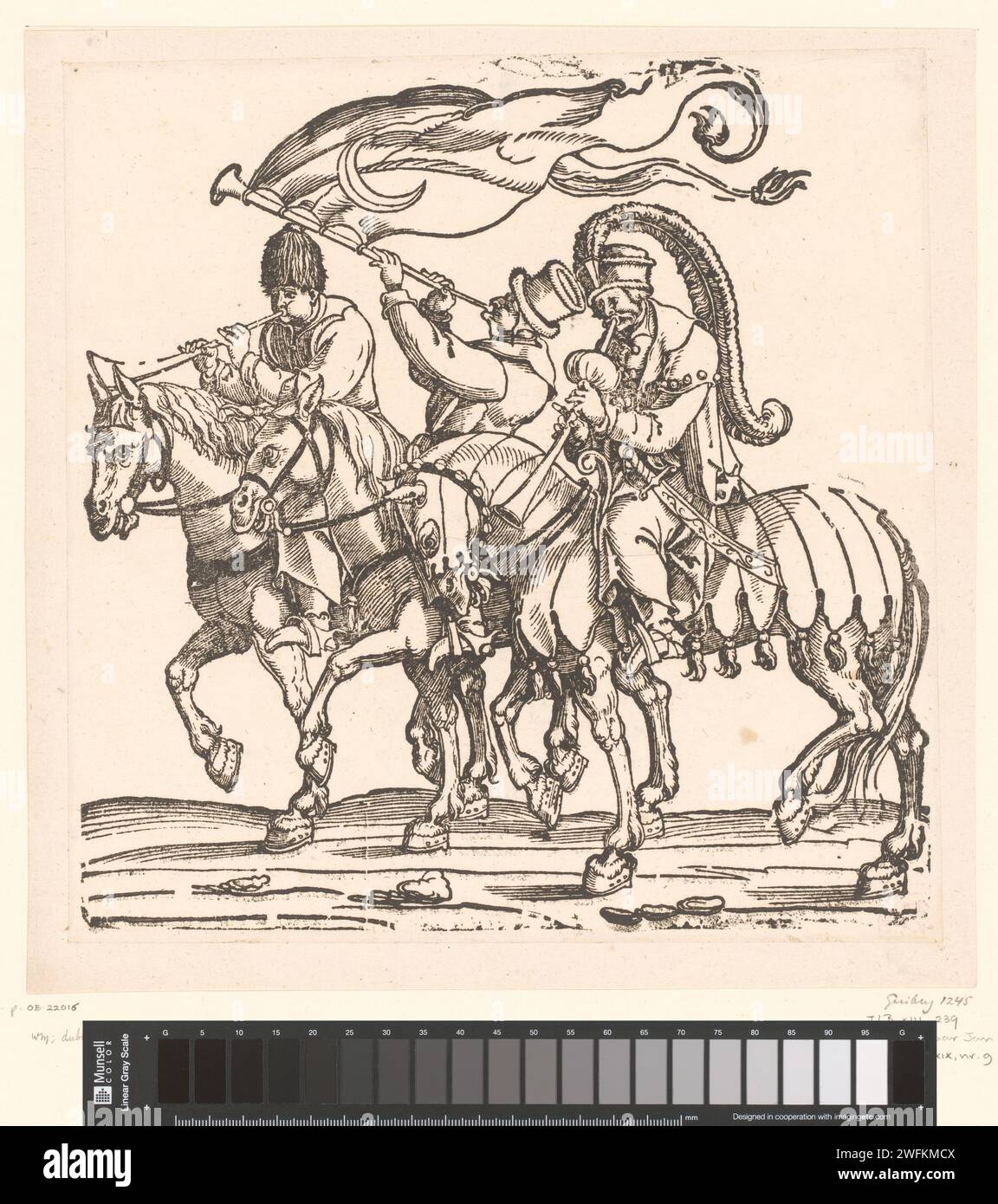 Three Turkish musicians on horseback, Anonymous, After Jan Swart van Groningen, 1530 print   paper  military parade, pageant. Asiatic races and peoples: Turks Stock Photo