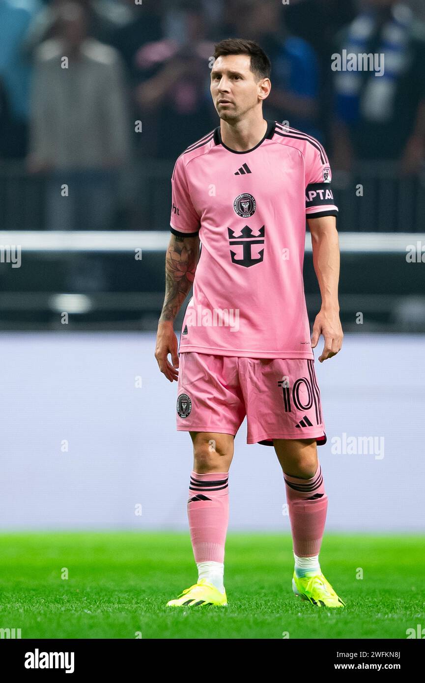 Lionel Messi #10 of Inter Miami FC in action during the Riyadh Season Cup match between Al-Hilal SFC and Inter Miami FC at Kingdom Arena on January 29, 2024 in Riyadh, Saudi Arabia. Photo by Saad Ratimi / Power Sport Images Stock Photo