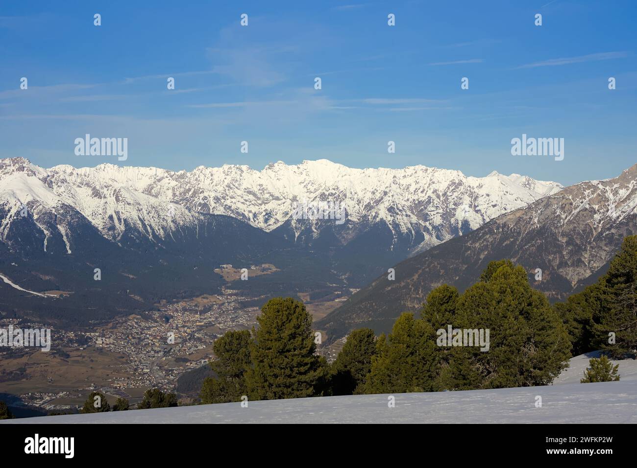 Hochzeiger area in winter with snow covered  peaks. Tyrolian alps in austria close to Imst. Stock Photo