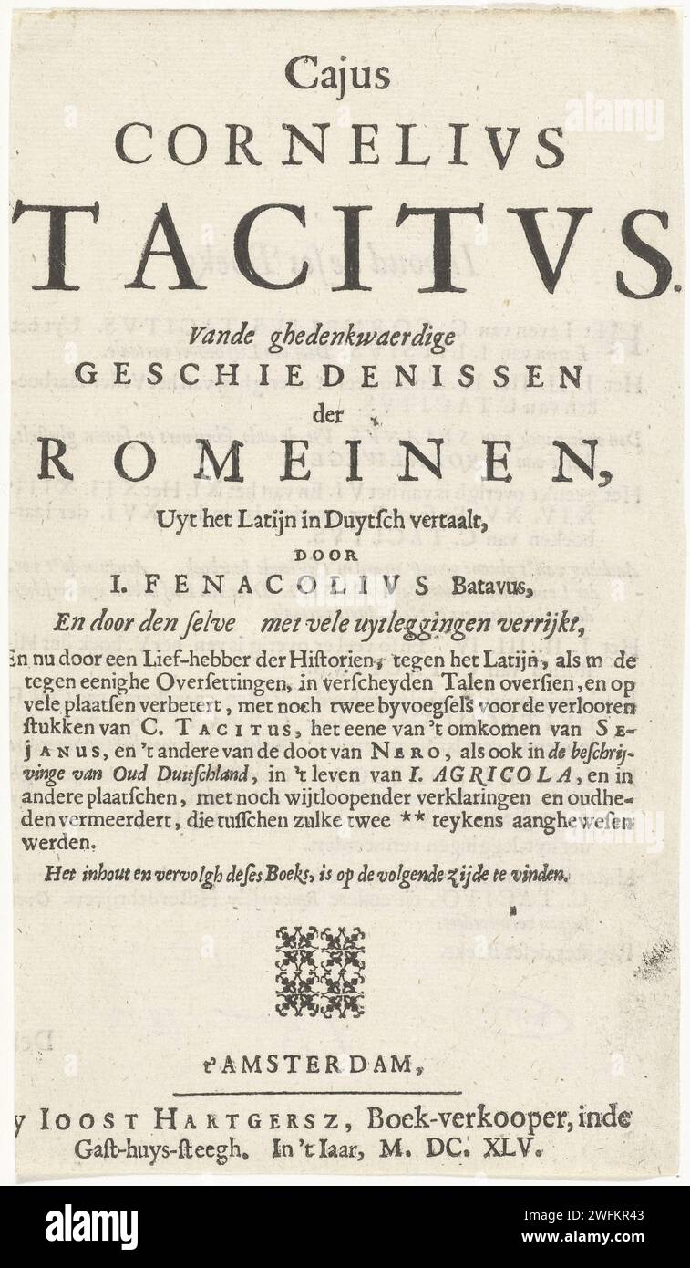 Title page for: VANDE GHEDENWAGER GIVES OF Romans, Amsterdam 1645, Cornelis van DALEN (I) (Rejected Attribution), 1645 print. text sheet  Amsterdam paper letterpress printing Stock Photo
