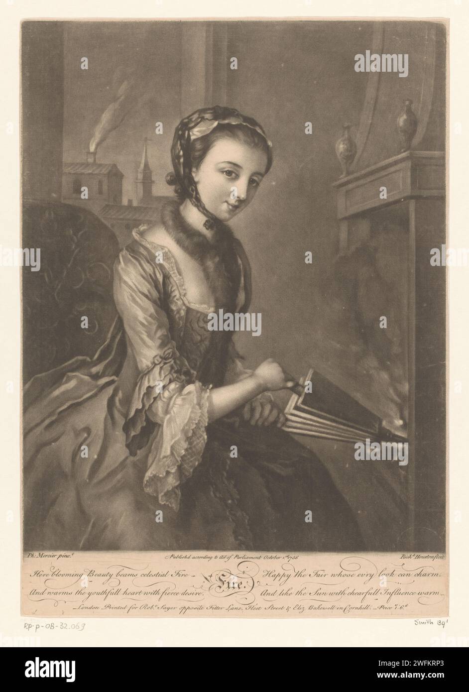 Young woman with a bladder ball, Richard Houston, after Philippe Mercier, 1756 print Text in English in the lower margin. London paper  adolescent, young woman, maiden. bellows. fire (one of the four elements) Stock Photo