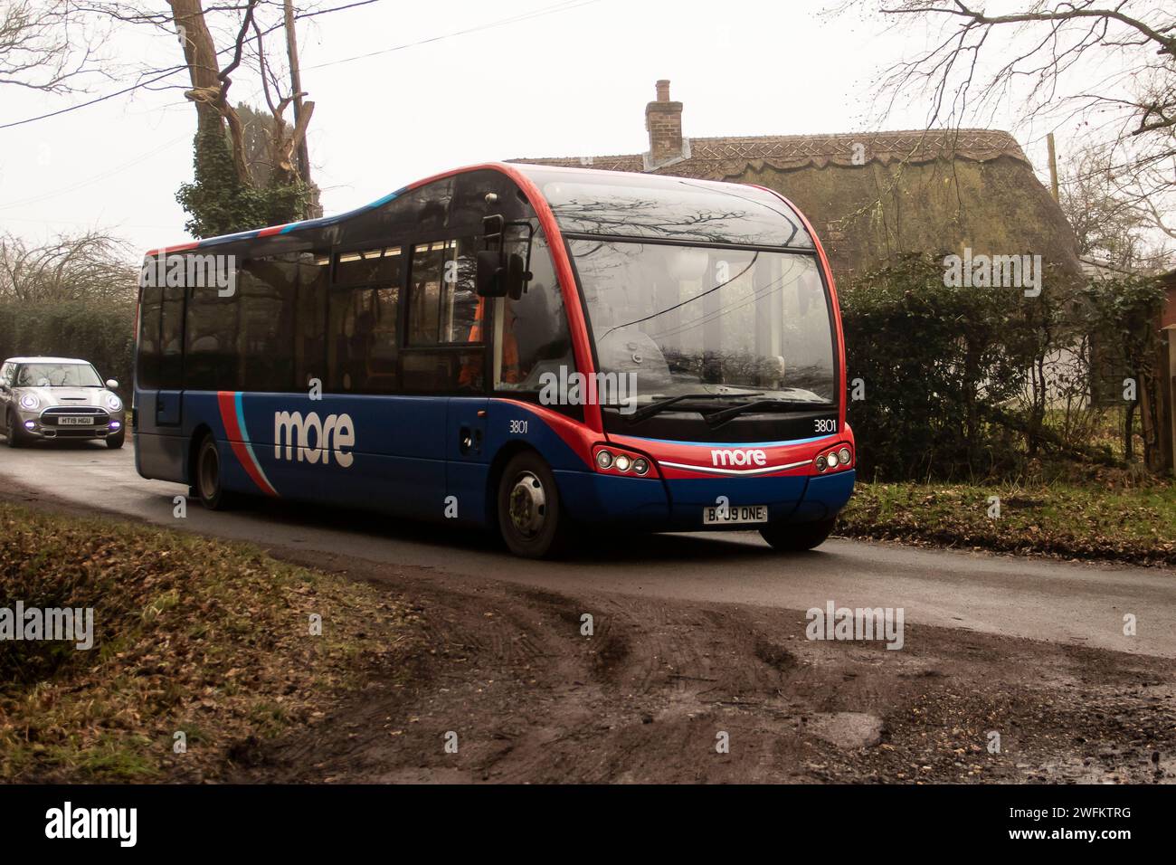 Morebus services New Forest Hampshire England. The first two are of service 119 diverted, and the other 3 of service 120, also in a quiet rural lane Stock Photo