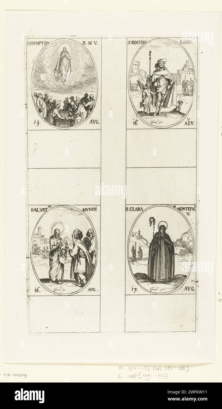Ascension of Maria (Maria-tenhemelorneming), Holy Rochus van Montpellier, the rug of Edessa, Holy Clara van Montefalco (15-17 August), Jacques Callot, 1632-1636 print Leaf with four oval representations, each with inscription and date in Latin: rising Maria to heaven above the apostles that stand around her empty grave, at the top right the holy Rochus dressed as pilgrim, below Judas Thaddüs who have the Mandylion to King Abgar of Edessa stops, below the holy Clara of Montefalco dressed as nun with a staff. This print is part of a series of prints with representations of the saints and the Chr Stock Photo