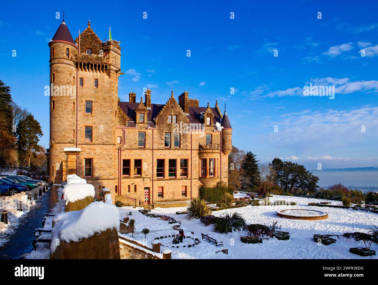 Belfast Castle in the Snow, Cavehill, Belfast, Northern Ireland Stock