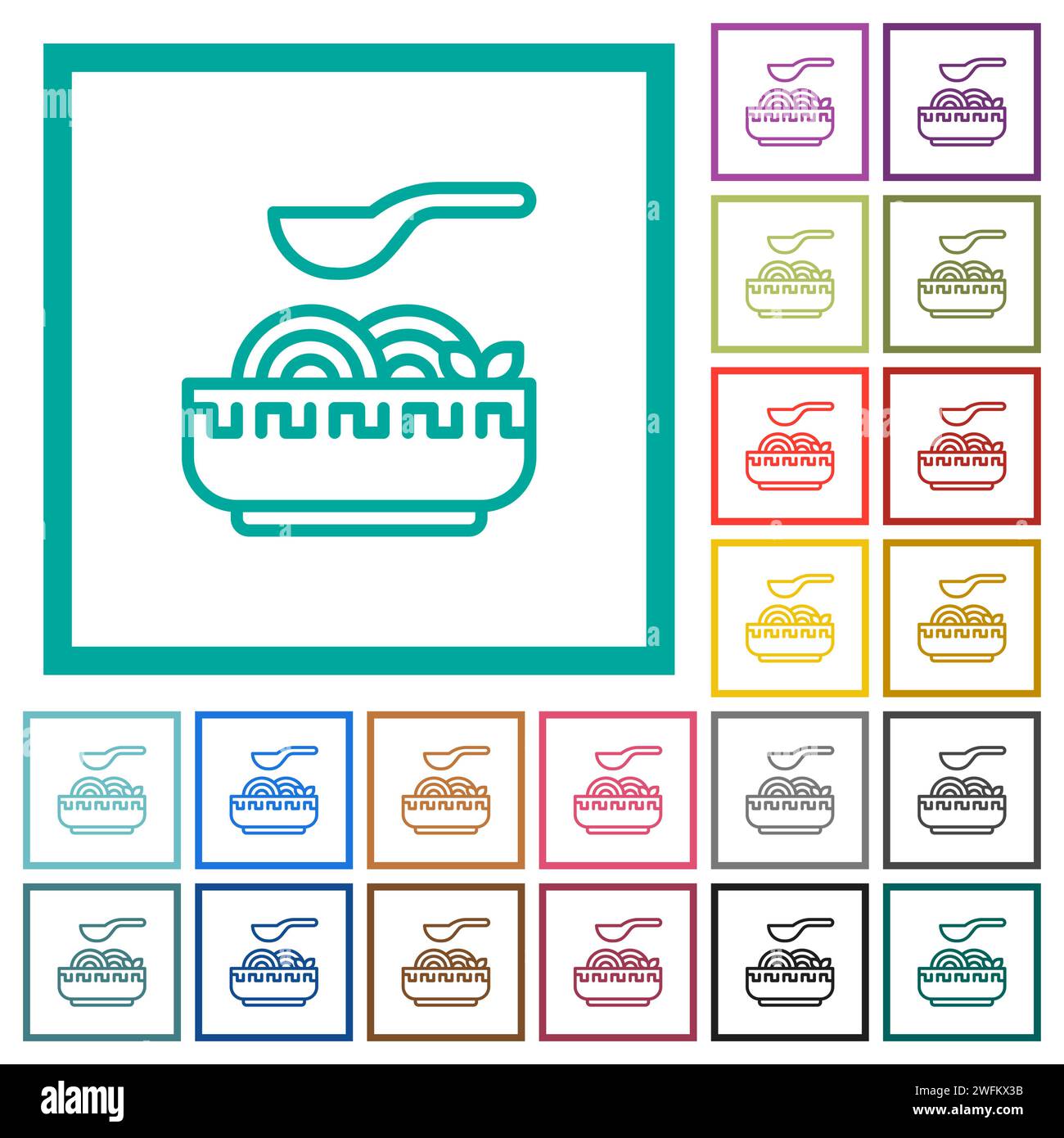 Noodle soup outline flat color icons with quadrant frames on white ...