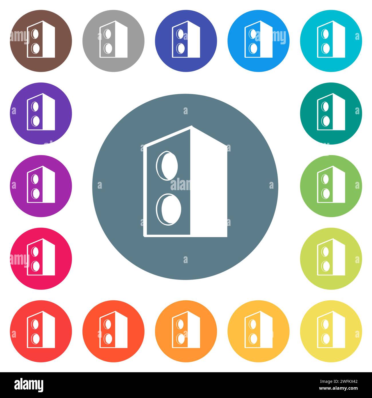 Speaker flat white icons on round color backgrounds. 17 background