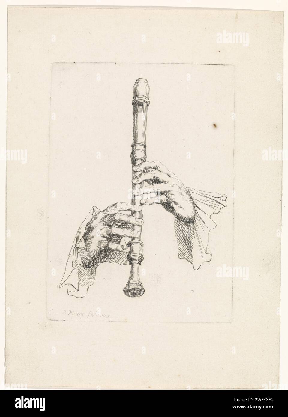 Position of the hands on a recorder, Bernard Picart, 1707 print Paris