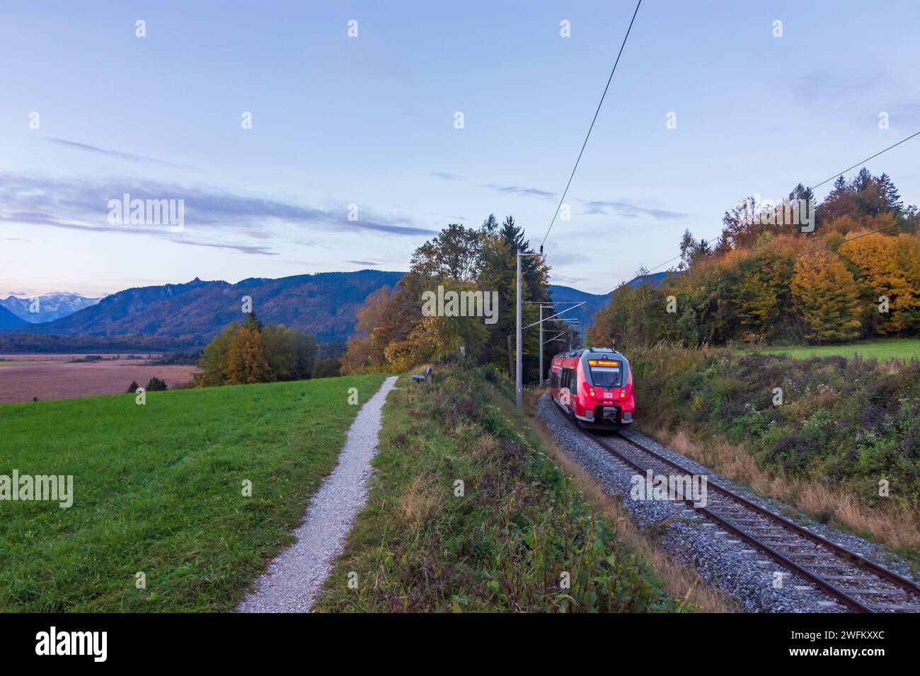 Murnau am Staffelsee: local train of DB at train line Murnau–Oberammergau (Ammergaubahn,  Ammertalbahn) in Oberbayern, Pfaffenwinkel, Upper Bavaria, B Stock Photo