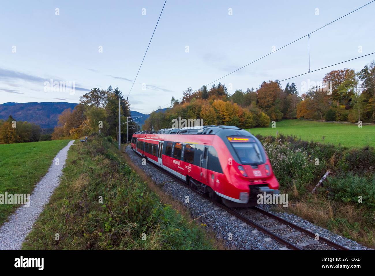 Murnau am Staffelsee: local train of DB at train line Murnau–Oberammergau (Ammergaubahn,  Ammertalbahn) in Oberbayern, Pfaffenwinkel, Upper Bavaria, B Stock Photo