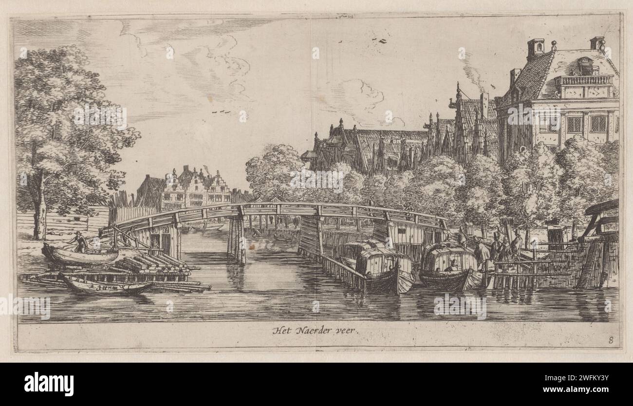 Het Veer to Naarden, Reinier Nooms, 1657 - 1670 print Bridge over the Leprozengracht on the corner with the Amstel, where nowadays is Waterlooplein. From the quay people step on the ferry to Naarden. Netherlands paper etching ferry. city-view in general; 'veduta' Amsterdam Stock Photo