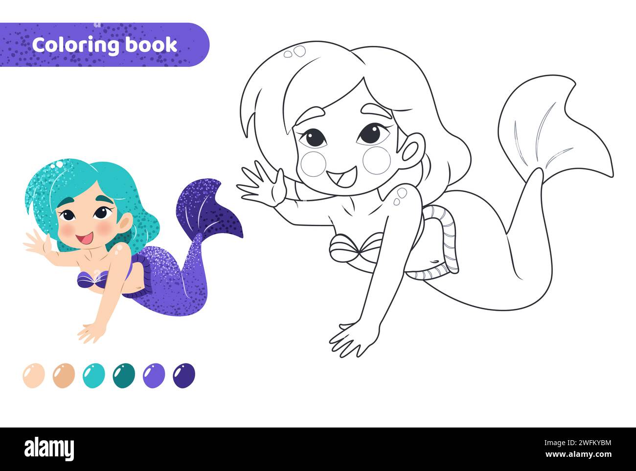 Coloring book for kids. Cute mermaid with tail. Stock Vector