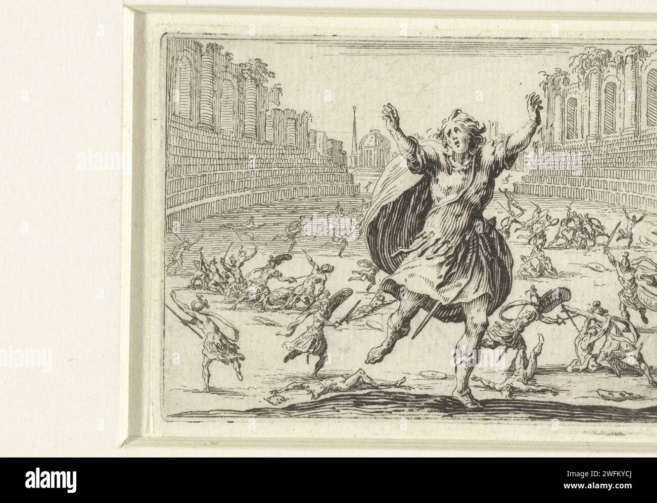 Strijder in panic in a fight in amphitheater, Jacques Callot, 1621 print In the center of the foreground, a man with a sword runs by his side, his arms in a panicky gesture. In the background battles between armed men in a ruinous amphitheater. This print is part of a series of 48 prints (50 incl. Title page and dicing sheet) with various topics (including men and women in different postures, landscapes, buildings and festivities in Florence). These prints may have been intended as drawing examples. Nancy paper etching hand-to-hand fighting ( battle). fight of gladiators. ruin of a building  Stock Photo
