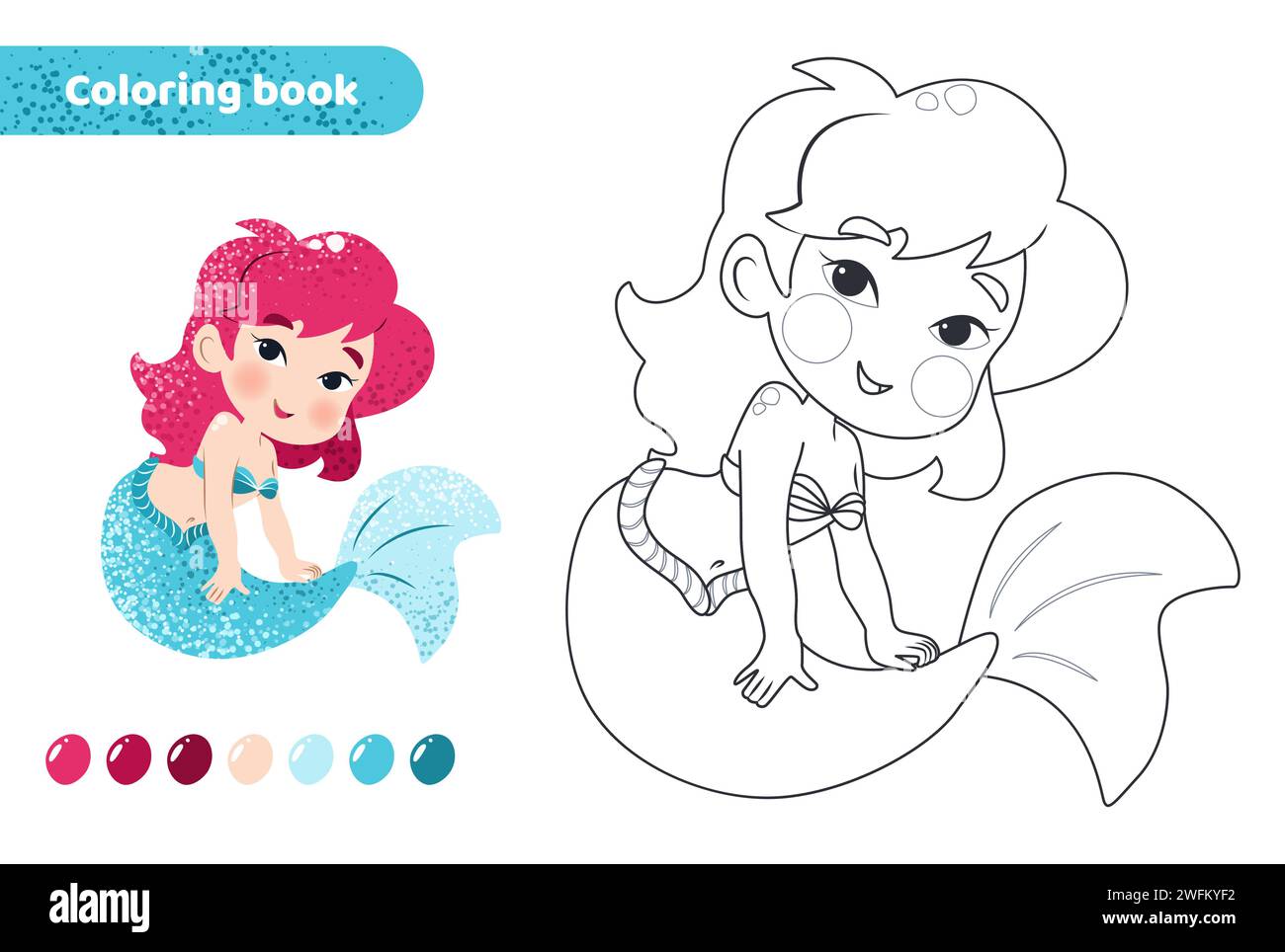 Coloring book for kids. Cute mermaid with tail. Stock Vector