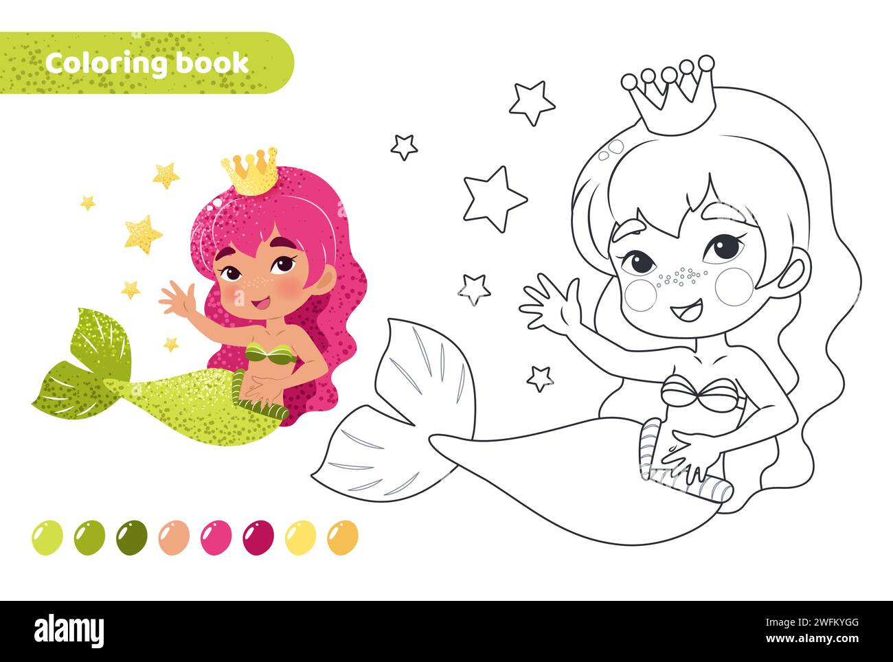 Coloring book for kids. Cute mermaid with crown. Stock Vector