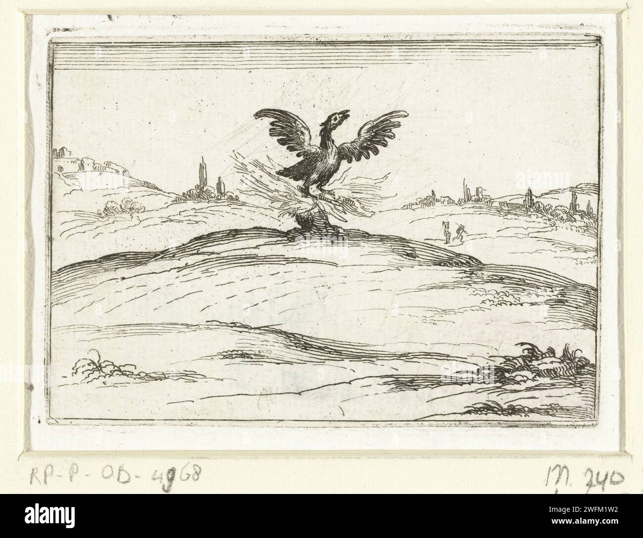 Feniks in the fire, Jacques Callot, 1621 - 1635 print Presentation of a bird with spread wings in or above a fire. This magazine is part of the emblem series 'Monastic Life in Emblemen'. In addition to an illustrated title page and 26 emblems, the second state of this series is a title page and a magazine with assignment, both in book print without image. Nancy paper etching fabulous animals  birds: phoenix Stock Photo