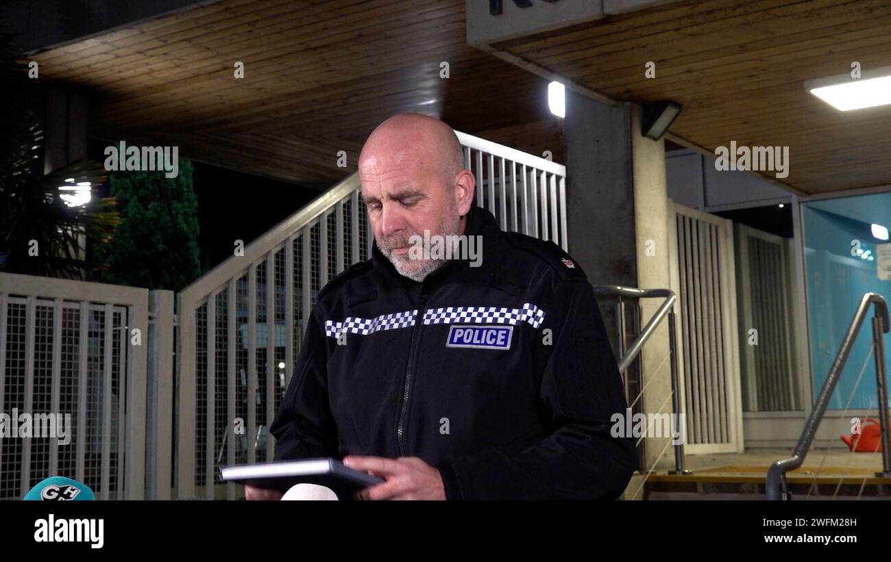 Bristol Commander Superintendent Mark Runacres speaking outside Kenneth Steele House Police Station in Bristol, after a 44-year-old man has been charged with the murders of two teenage boys in Bristol. Anthony Snook, of Hartcliffe, Bristol, was charged on Thursday with the murder of Mason Rist, 15, and Max Dixon, 16. The boys were stabbed to death during an incident in Ilminster Avenue, Knowle West, on Saturday night. Picture date: Wednesday January 31, 2024. Stock Photo