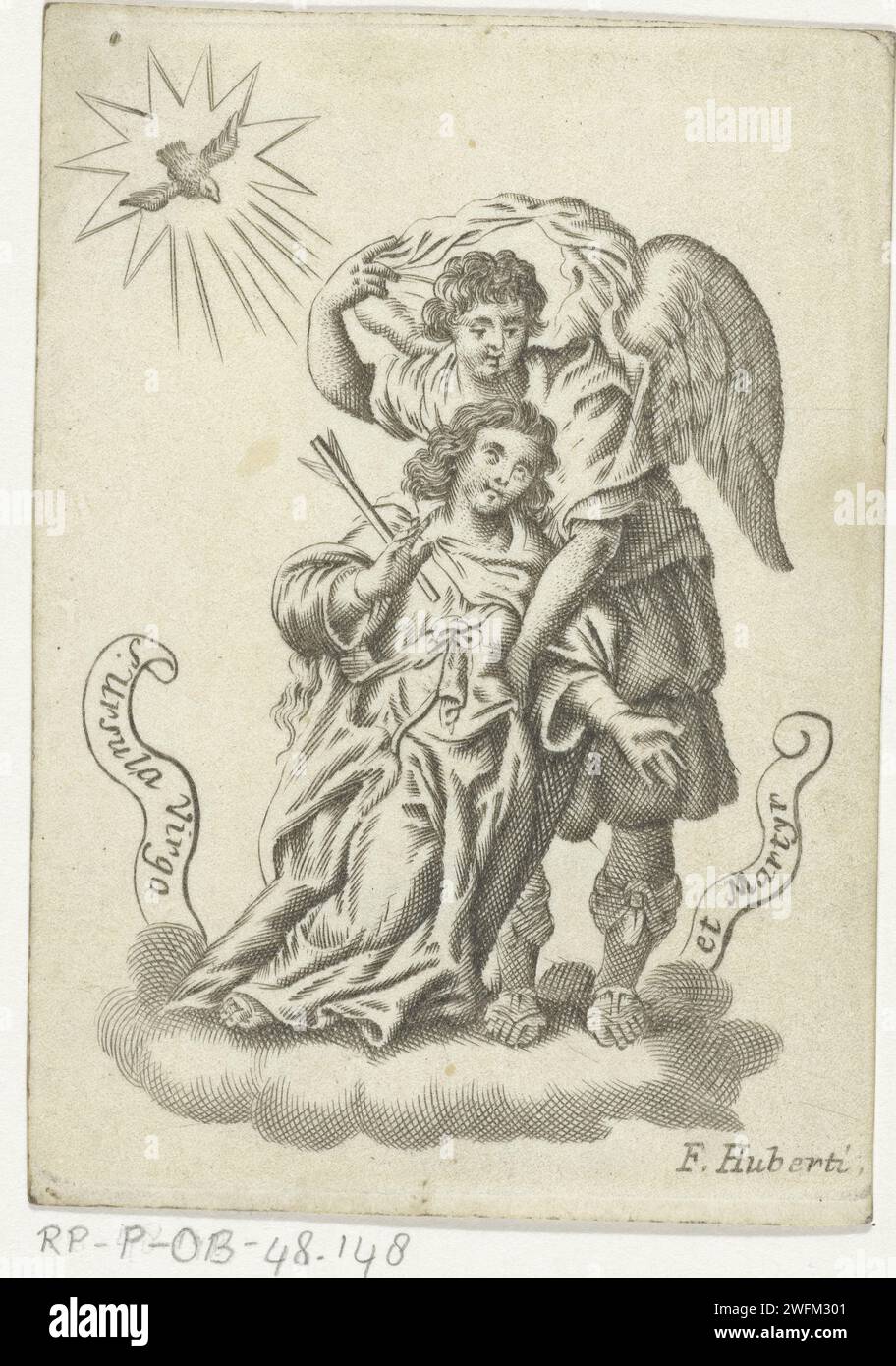 H. Ursula, Franz Huybrechts, 1656 - 1661 print Saint Ursula with an arrow in her chest is held by an angel as a martyr. In the upper left corner, the Holy Spirit is symbolized by the pigeon. Antwerp parchment (animal material) engraving the virgin martyr Ursula of Cologne; possible attributes: arrow, banner with red cross, cloak of ermine, crown, ship - post-mortem occurrences of female saint Stock Photo