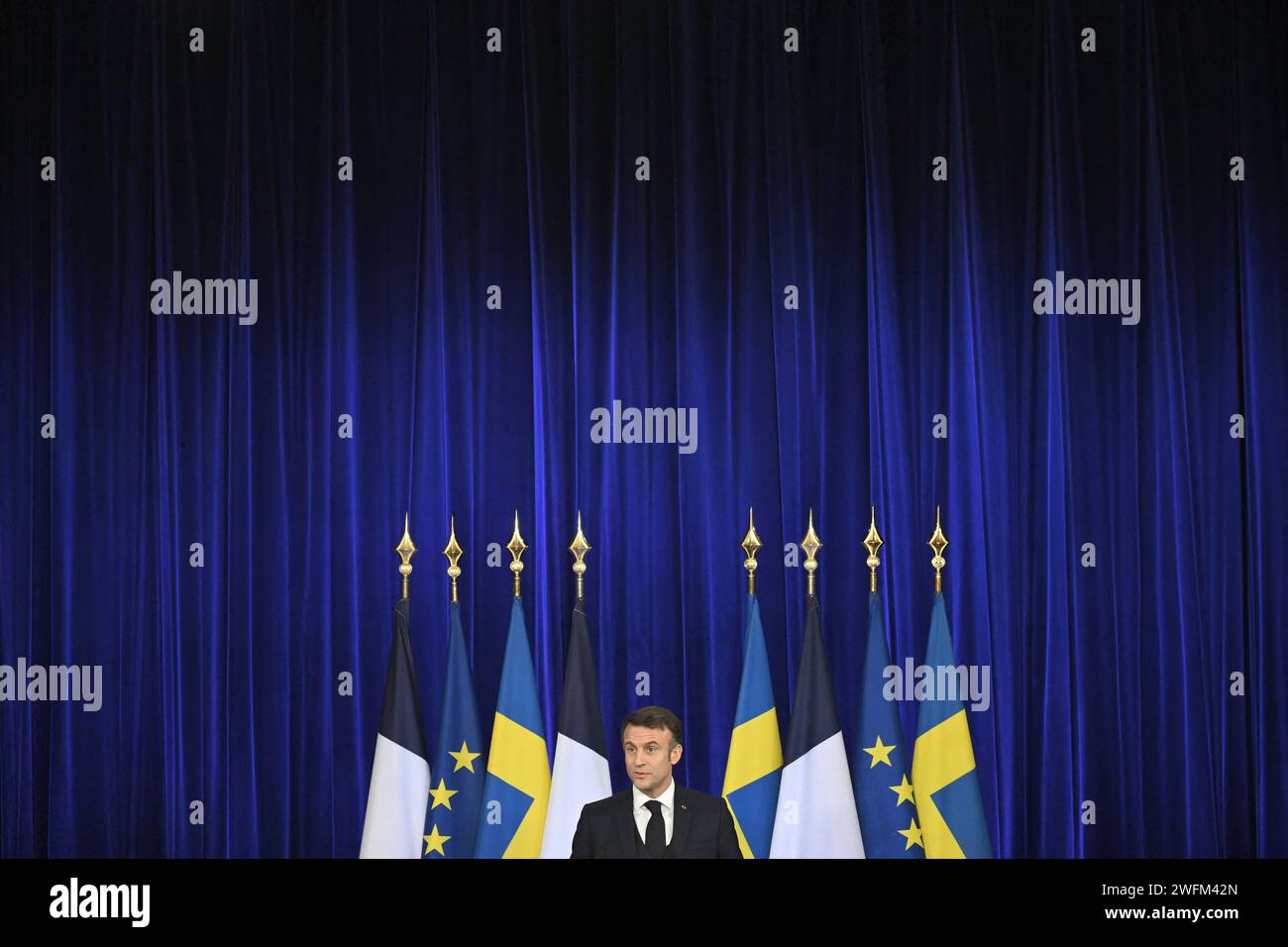 French President Emmanuel Macron during a departure ceremony in Lund, Sweden, on January 31, 2024. French President Emmanuel Macron and Mrs Brigitte Macron are on a two-day state visit to Sweden. Photo by Eliot Blondet/ABACAPRESS.COM Credit: Abaca Press/Alamy Live News Stock Photo