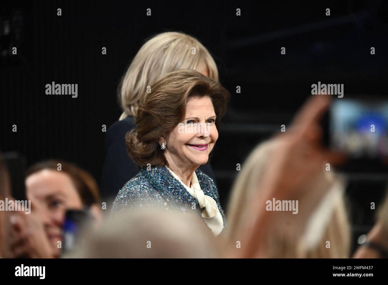 Lund, Unknown. 31st Jan, 2024. Queen Silvia during a departure ceremony in Lund, Sweden, on January 31, 2024. French President Emmanuel Macron and Mrs Brigitte Macron are on a two-day state visit to Sweden. Photo by Eliot Blondet/ABACAPRESS.COM Credit: Abaca Press/Alamy Live News Stock Photo