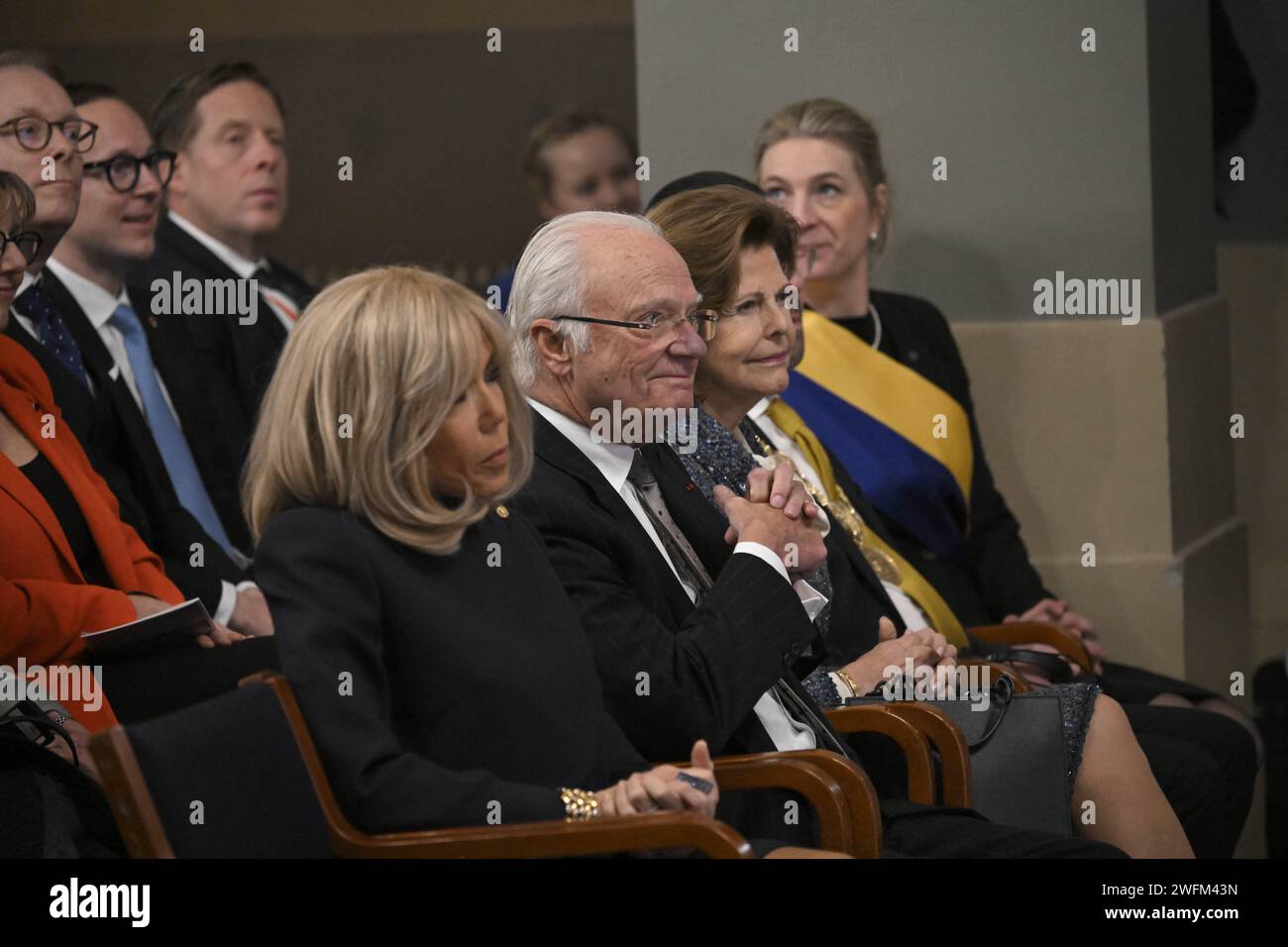 King Carl XVI Gustaf and Queen Silvia during meeting with students on the resilience of democracies in Europe at Lund University in Lund, Sweden, on January 31, 2024. French President Emmanuel Macron and Mrs Brigitte Macron are on a two-day state visit to Sweden. Photo by Eliot Blondet/ABACAPRESS.COM Credit: Abaca Press/Alamy Live News Stock Photo