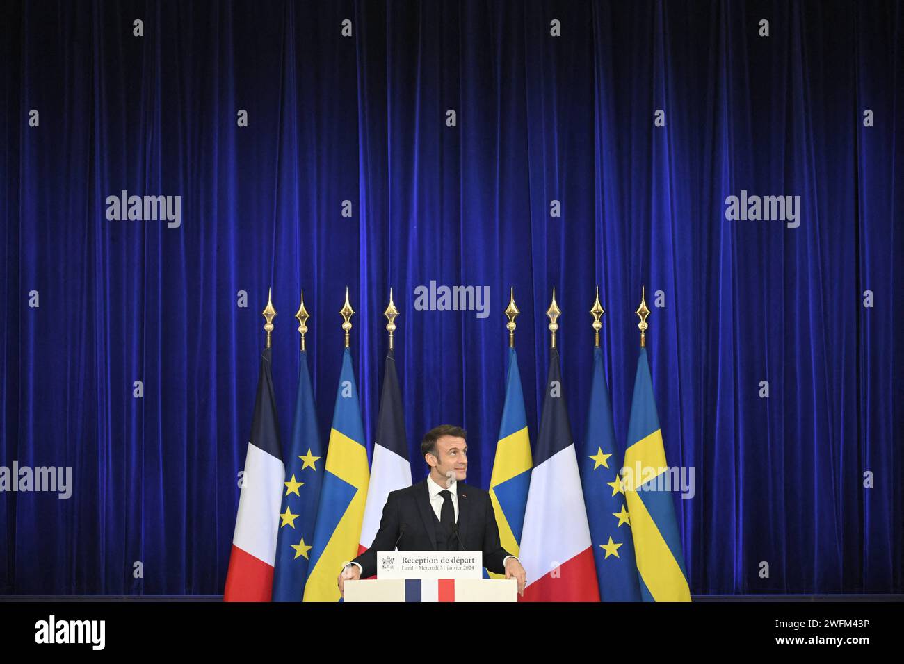 French President Emmanuel Macron during a departure ceremony in Lund, Sweden, on January 31, 2024. French President Emmanuel Macron and Mrs Brigitte Macron are on a two-day state visit to Sweden. Photo by Eliot Blondet/ABACAPRESS.COM Credit: Abaca Press/Alamy Live News Stock Photo