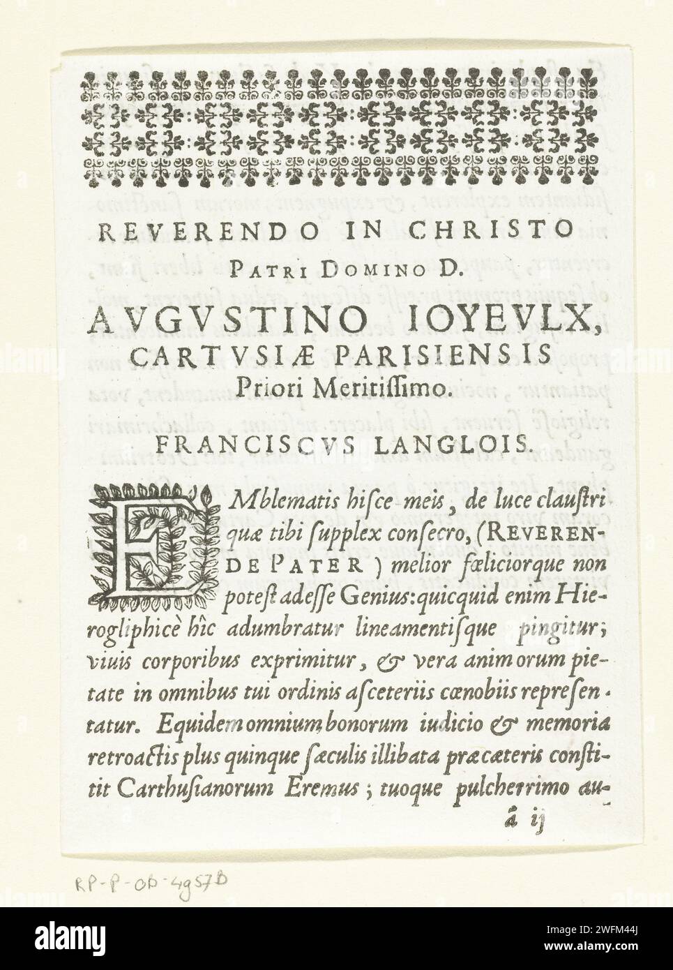 Unit -Lustrated assignment at the emblem series 'Monastic Life in Emblemen', 1646 text sheet Latin text in book print. This magazine (printed on both sides) contains the assignment to a certain clergyman of the second state of the emblem series 'Monastic Life in Emblemen', which, in addition to an univided title page and this unit -traded magazine with assignment, also includes an illustrated title page and 26 emblems. publisher: Parisprint maker: Nancy paper letterpress printing Stock Photo