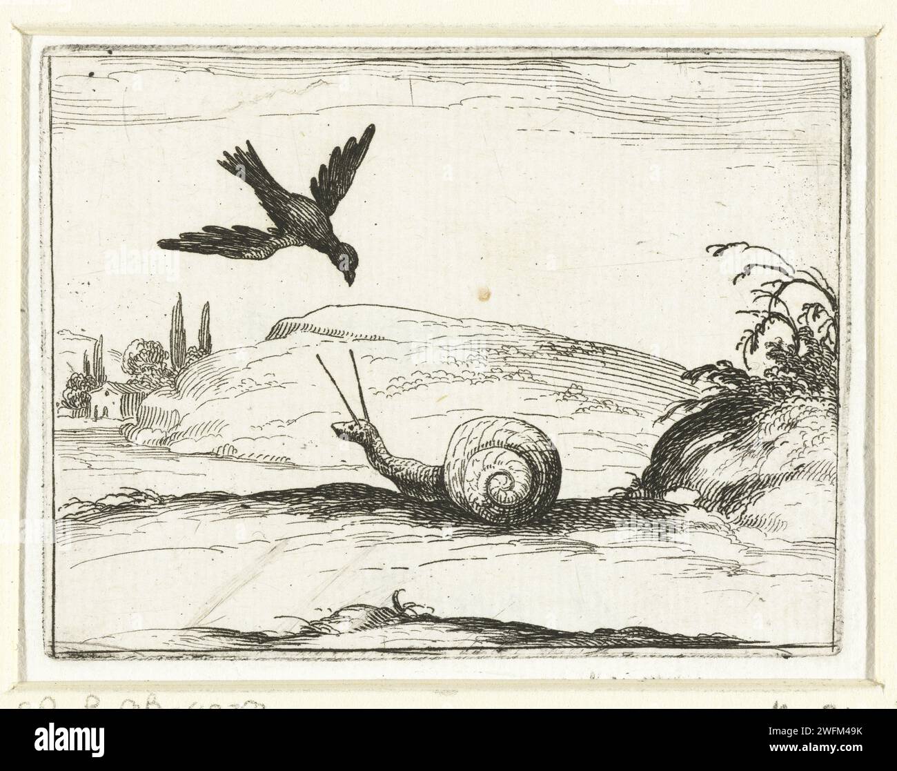 From Slak to de Raaf, Jacques Callot, 1621 - 1635 print Presentation of a snail attacked by a raven. This magazine is part of the emblem series 'Monastic Life in Emblemen'. In addition to an illustrated title page and 26 emblems, the second state of this series is a title page and a magazine with assignment, both in book print without image. Nancy paper etching song-birds: raven. molluscs: snail Stock Photo