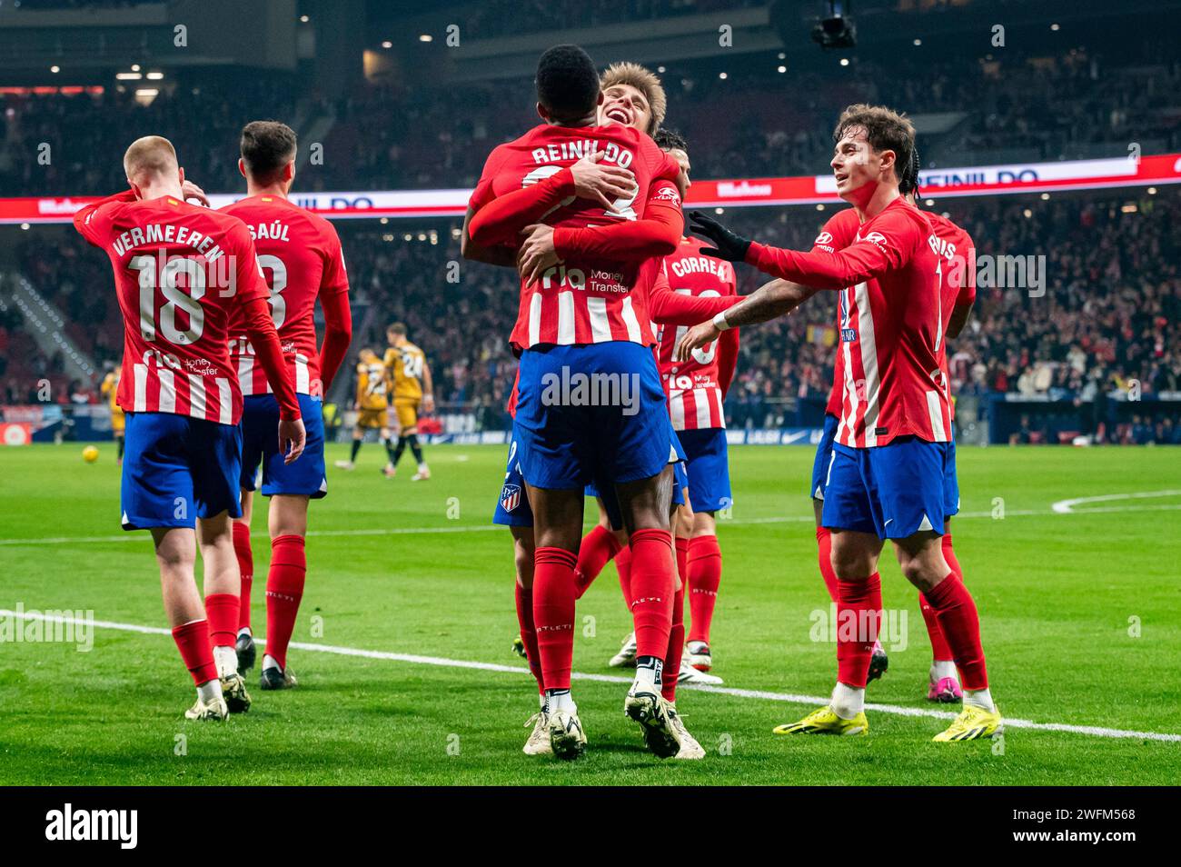 Madrid, Madrid, Spain. 31st Jan, 2024. Reinildo Mandava of Atletico Madrid seen celebrating his goal with his teammates during the La Liga EA Sports 2023/24 football match between Atletico Madrid vs Rayo Vallecano at Metropolitano stadium in Madrid, Spain. (Credit Image: © Alberto Gardin/ZUMA Press Wire) EDITORIAL USAGE ONLY! Not for Commercial USAGE! Stock Photo