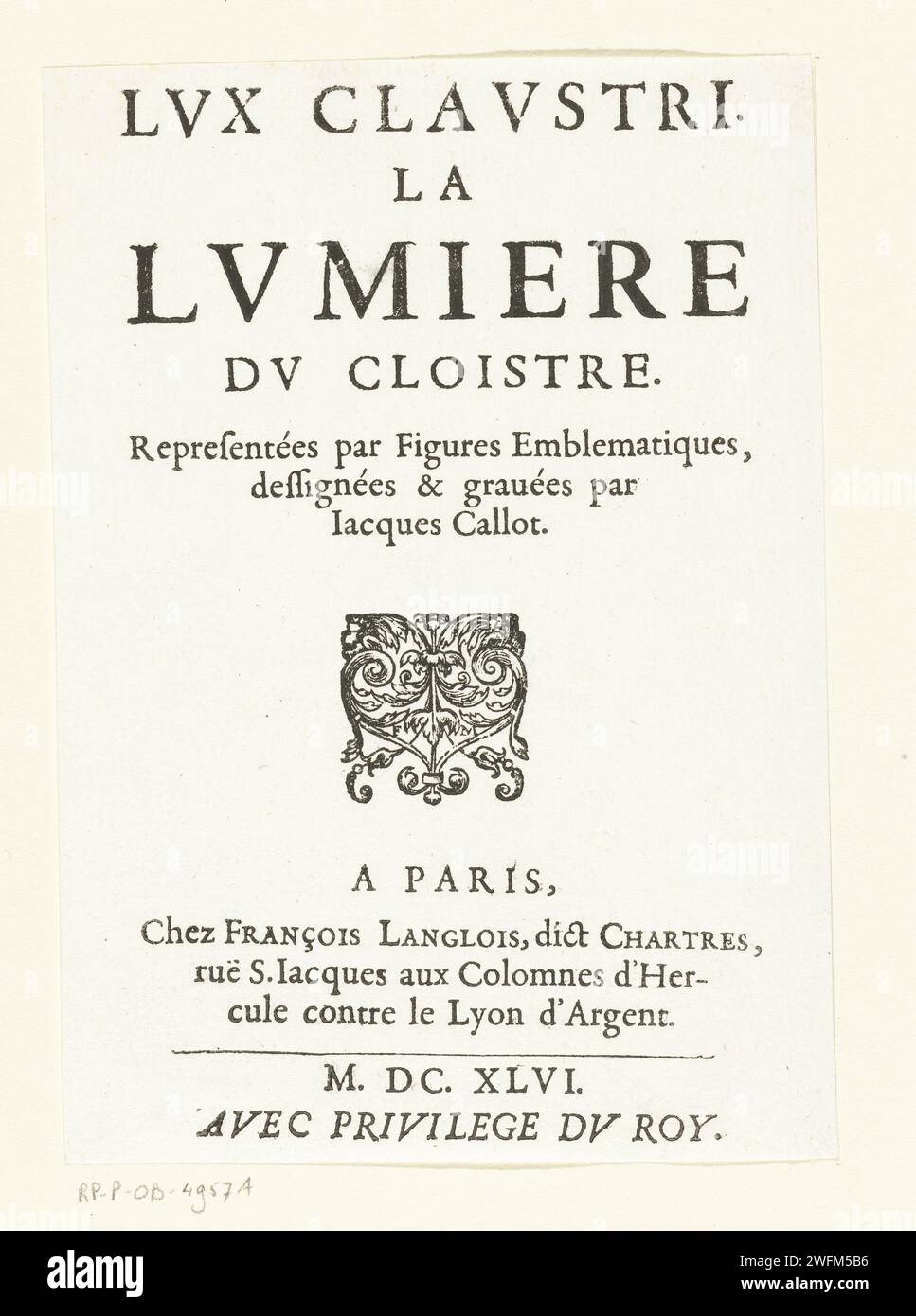 Unit -Lustrated title page for the emblem series 'Kloosterleven in Emblemen', 1646 text sheet French -speaking texts in book print. This magazine is the univisted title page for the second state of the emblem series 'Kloosterleven in Emblemen', which, in addition to this unit -listed title page, also includes an uninterreached magazine with assignment, an illustrated title page and 26 emblems. publisher: Parisprint maker: Nancy paper letterpress printing Stock Photo