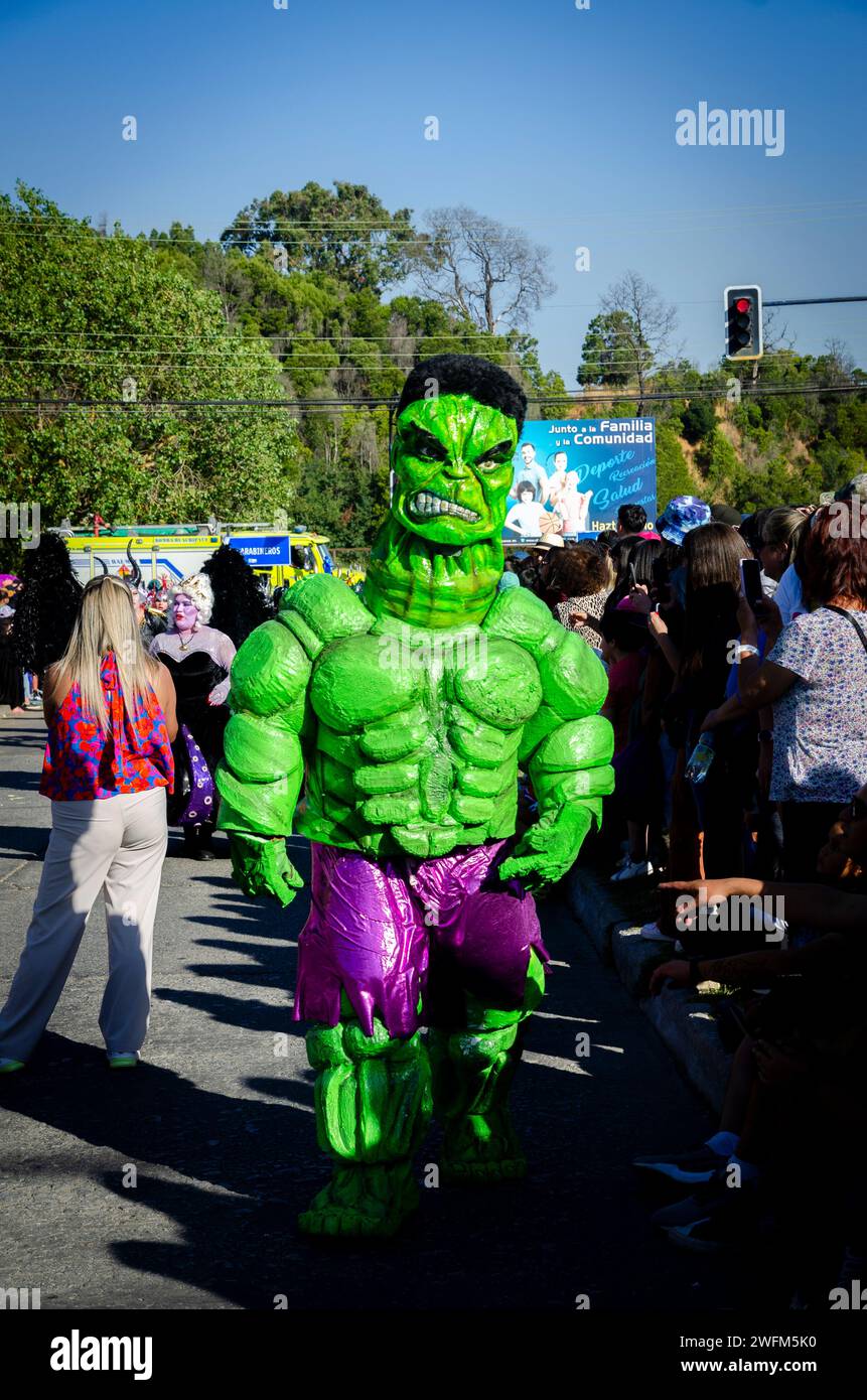 Hulk costume marching during the street parade of the Talcahuano carnival that took place in January 2024 Stock Photo