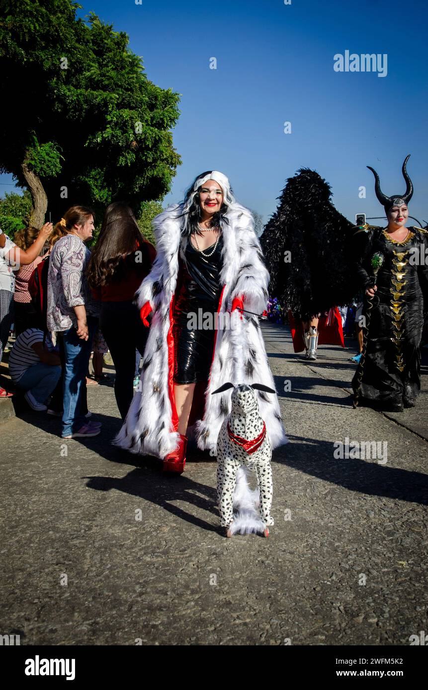 Cruella costume marching during the street parade of the Talcahuano carnival that took place in January 2024 Stock Photo