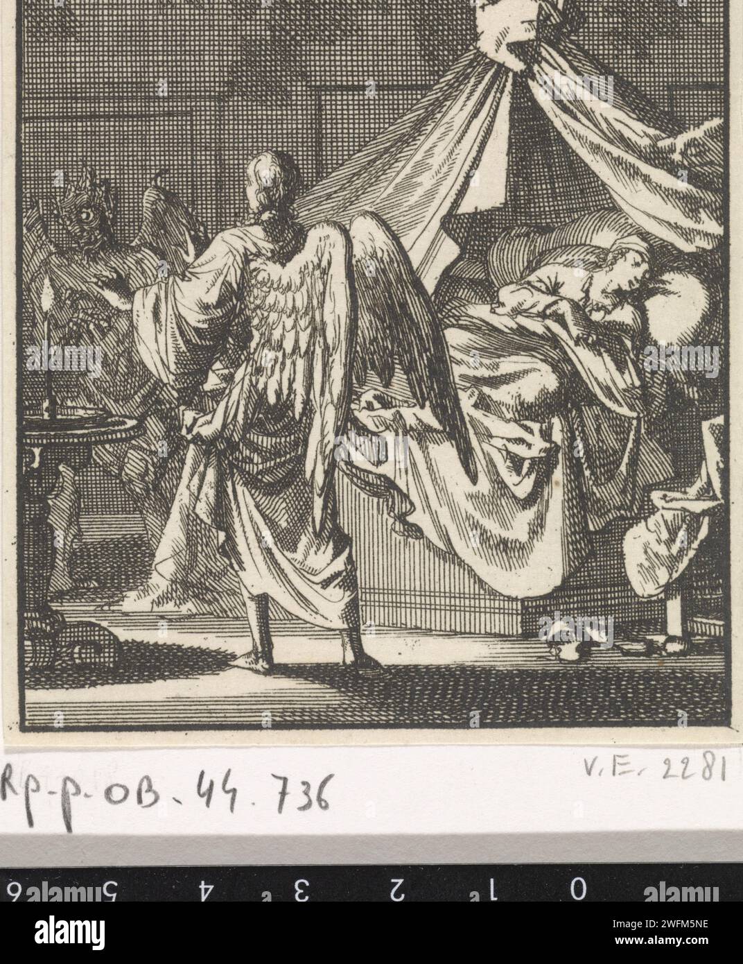 Engel and Devil with sleeping person, Jan Luyken, 1699 print An angel and a devil stand next to the bed of a sleeping person. Amsterdam paper etching sleeping; unconsciousness. devil(s) and demons. angels Stock Photo
