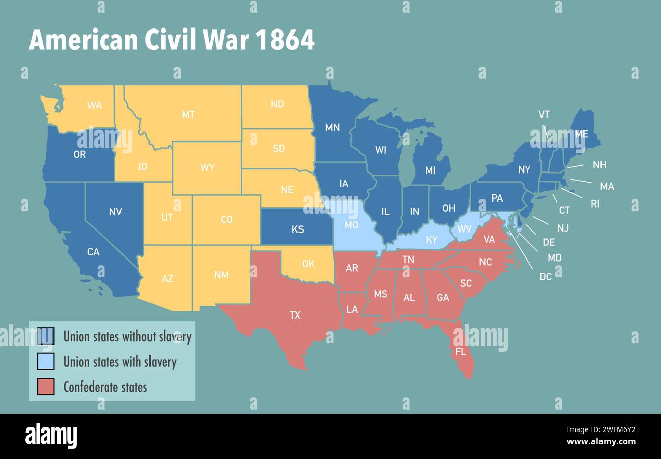 Map With The Union And Confederate States And The Status Of Slavery Map With The Union And Confederate States And The Status Of Slavery During American Civil War 2WFM6Y2