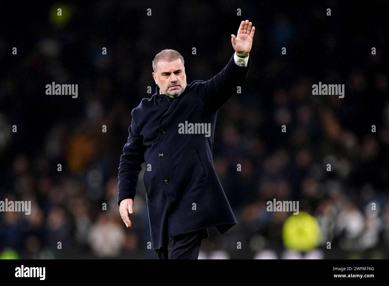 Tottenham Hotspur manager Ange Postecoglou applauds the fans at the end of the match during the Premier League match at Tottenham Hotspur Stadium, London. Picture date: Wednesday January 31, 2024. Stock Photo