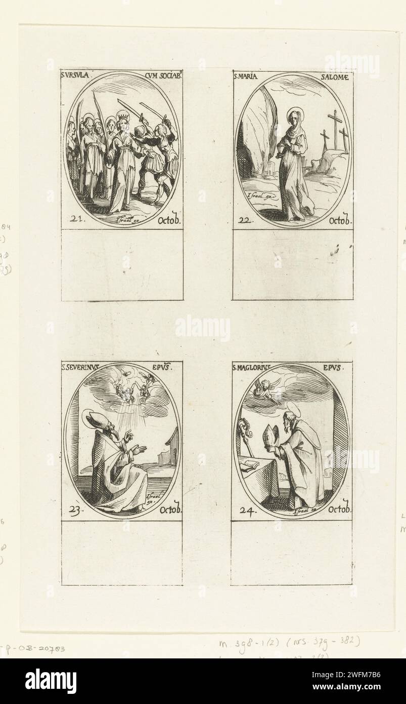 Holy Ursula van Keulen and companions, Saint Mary Salome, Saint Severinus van Keulen, Holy Maglorius van Dol (21-24 October), Jacques Callot, 1632 - 1636 print Leaf with four oval representations, each with inscription and date in Latin: top left the holy Ursula van Keulen with its companions that are attacked by the Huns, at the top right of the Holy Maria Salome with an ointment pot in Calvary, at the bottom left of the Holy Severinus of Cologne Die angels In heaven, the Sacred Maglorius of Dol, who puts his miter on a table at the bottom right. This print is part of a series of prints with Stock Photo