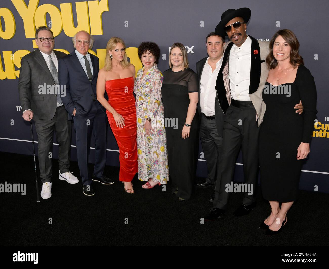 January 30, 2024, West Hollywood, California, United States: (L-R) Jeff Garlin, Larry David, Cheryl Hines, Susie Essman, Amy Gravitt, Jeff Schaffer, J. B. Smoove and Laura Streicherr attend HBO's ''Curb Your Enthusiasm'' Season 12. (Credit Image: © Billy Bennight/ZUMA Press Wire) EDITORIAL USAGE ONLY! Not for Commercial USAGE! Stock Photo