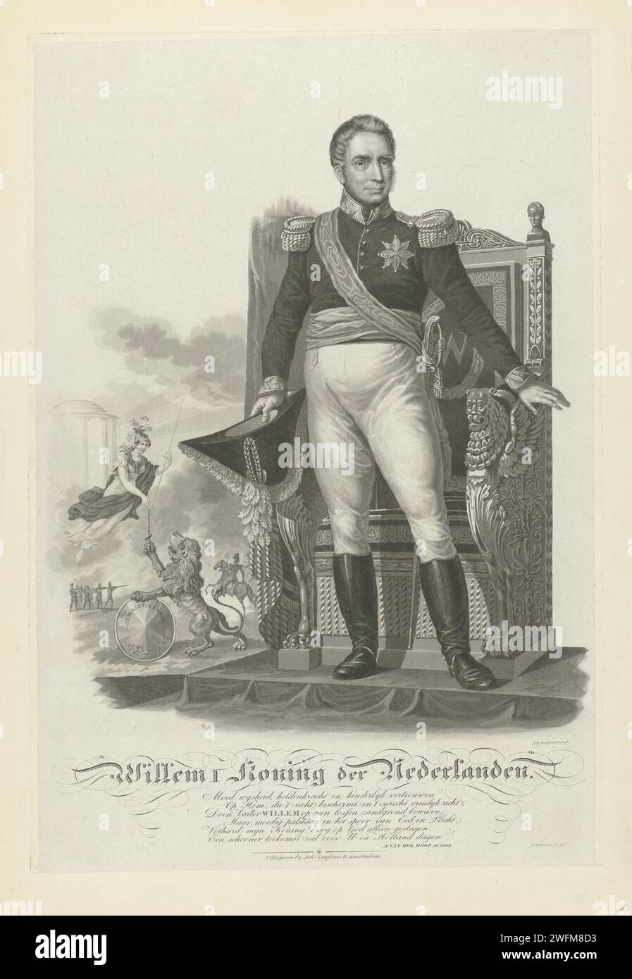 Portrait of William I Frederik, King of the Netherlands, Willem Hendrik Hoogkamer, 1815 - 1817 print Portrait of William I Frederik, King of the Netherlands, standing in front of a throne with the Dutch Lion on the left with a shield on which the motto: Je Maintiendrai. Above it a winged female figure with helmet (Minerva) and a battle in the background. Amsterdam paper. etching throne. beasts of prey, predatory animals: lion (+ animals used symbolically) Stock Photo