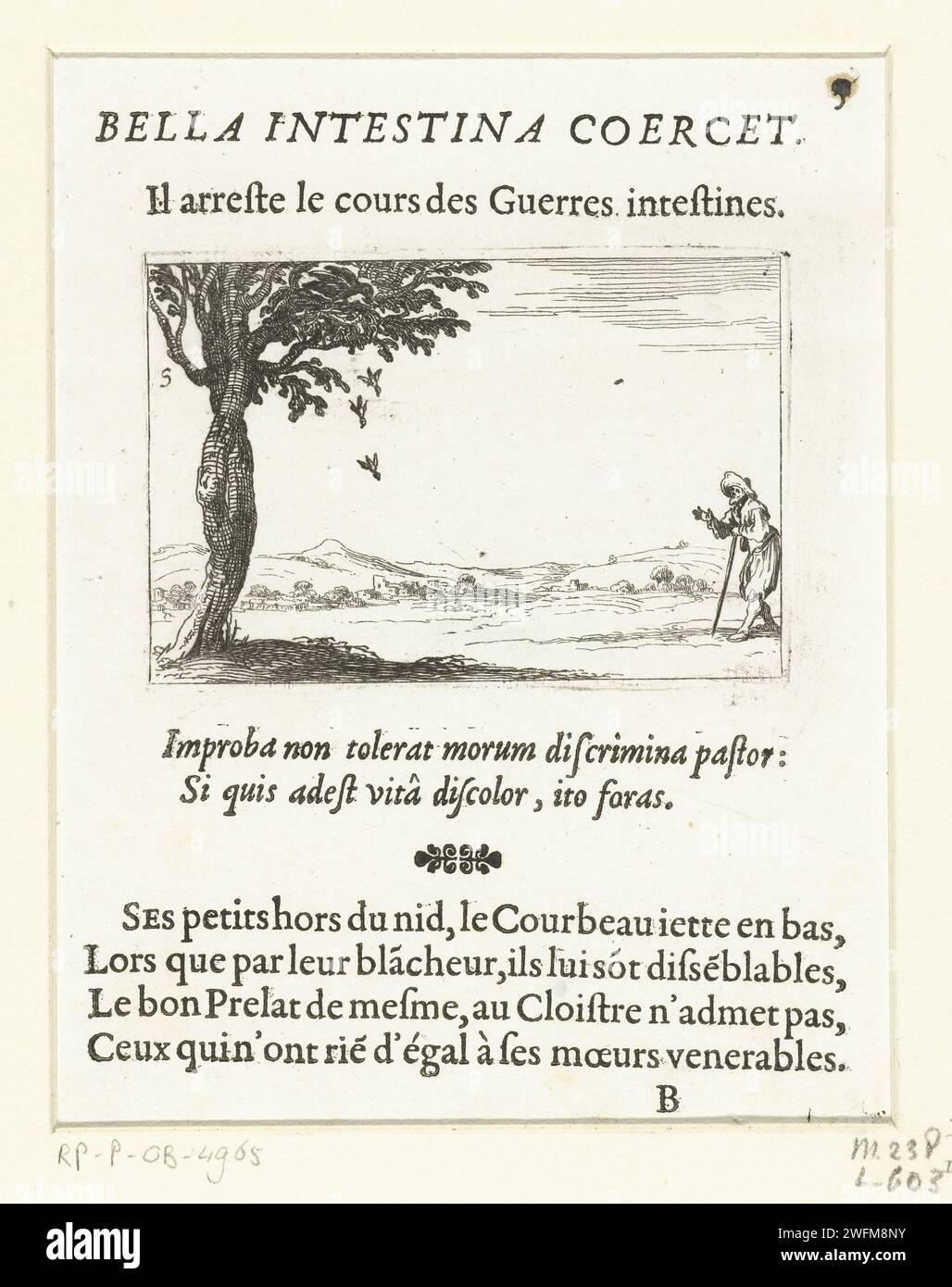 A raven throws young from his nest, Jacques Callot, 1646 print Presentation of a raven that pushes some young (the one with white feathers) out of his nest. A man with a walking stick watches. Above and below this print Latin and French texts in book print. This magazine is part of the emblem series 'Monastic Life in Emblemen'. In addition to an illustrated title page and 26 emblems, the second state of this series is a title page and a magazine with assignment, both in book print without image. print maker: Nancypublisher: Paris paper etching / letterpress printing song-birds: raven. animals Stock Photo