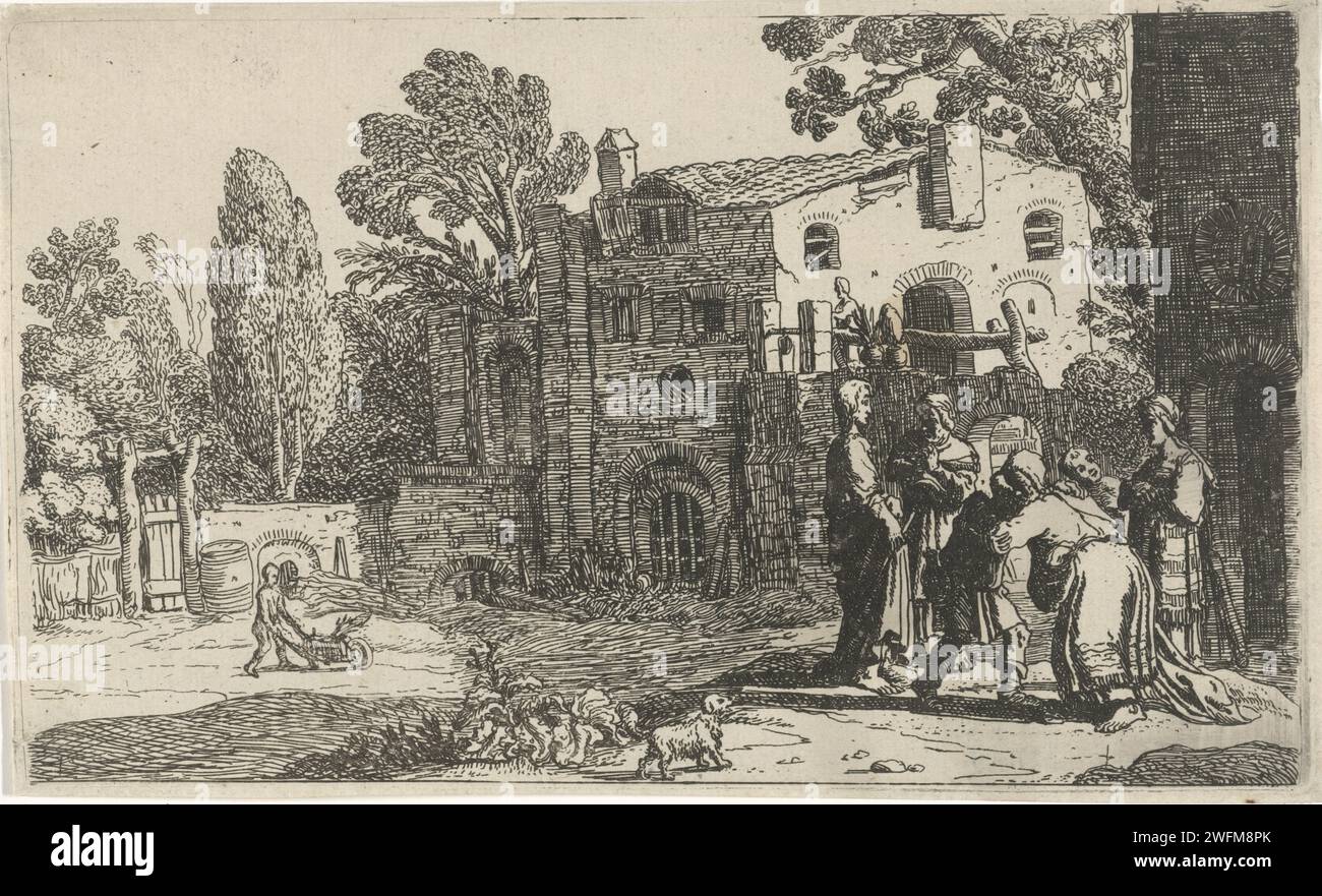 Return of Tobias, Claes Moeyaert, 1612 - 1655 print Tobias falls into his father Tobit. His mother Anna watches. On the left is the angel with a staff in his hand and in the foreground Tobias' dog. Amsterdam paper etching the meeting of parents and son  Tobias' return Stock Photo