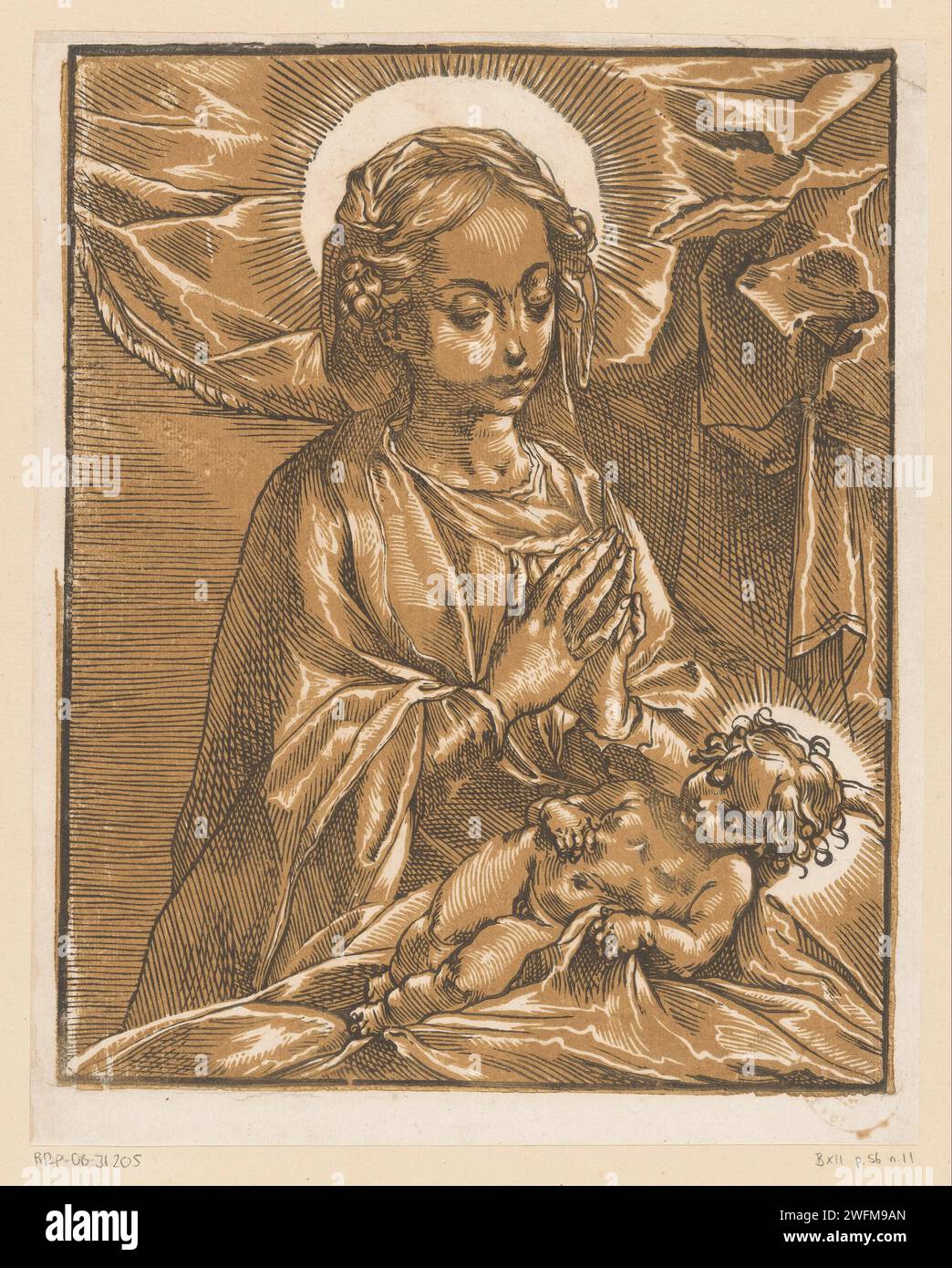 Maria adores the Christkind, Andrea Andreani, Anonymous, After Francesco Vanni, c. 1595 print Maria adores the reclining Christ child. Italy paper  Mary kneeling (on the ground), the Christ-child lying in front of her Stock Photo