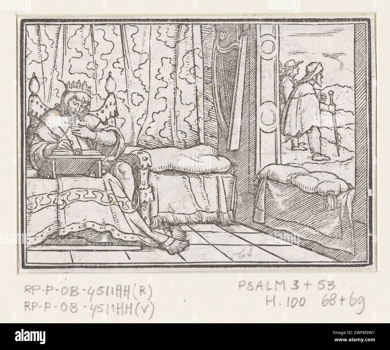 David writes Psalms, Hans Holbein (II), 1538 print King David is sitting at a writing table and writes Psalms in a book. His harp hangs on the wall. The flight of his son Absalom is probably visible through the window opening: a young man walks away with a man in pilgrim clothing. The upper margin with text is missing from this magazine.  paper  'psalm of David when he fled from Absalom his son' Stock Photo