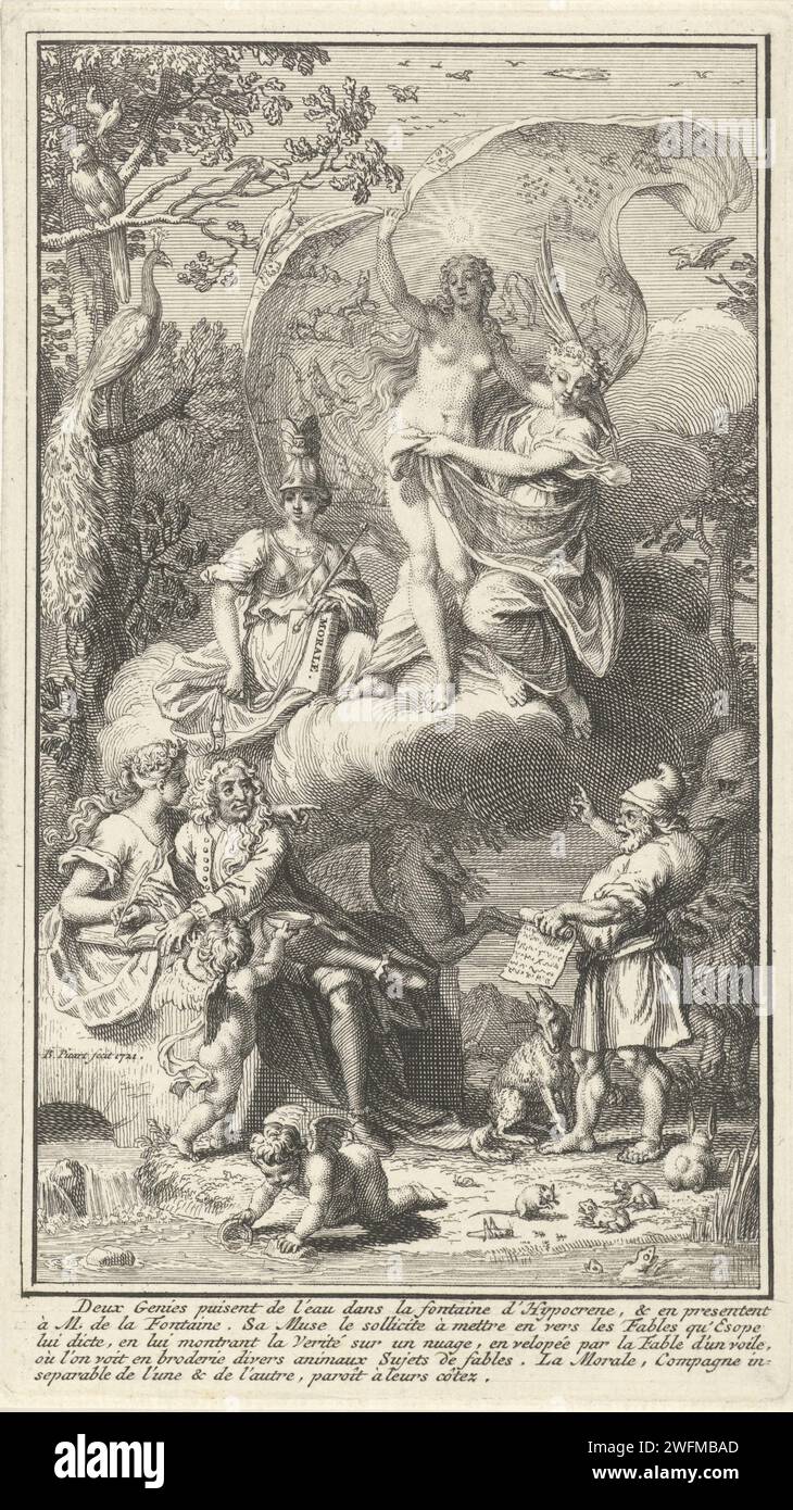 Allegorical title page with the writer Jean de la Fontaine and his muse, Bernard Picart (workshop of), After Bernard Picart, 1721 print The writer Jean de la Fontaine writes in a book and is accompanied by his muse. A putto brings him a nap with water from the hippocrene, the river on the Mount Helicon and the source of poetic inspiration. He looks at the Greek fable writer Aesop who points to heaven where a cloud of truth and fable. Above them a cloth on which various fables are depicted. In the margin a five -line caption in French. Amsterdam paper etching / engraving inspiration of the poet Stock Photo