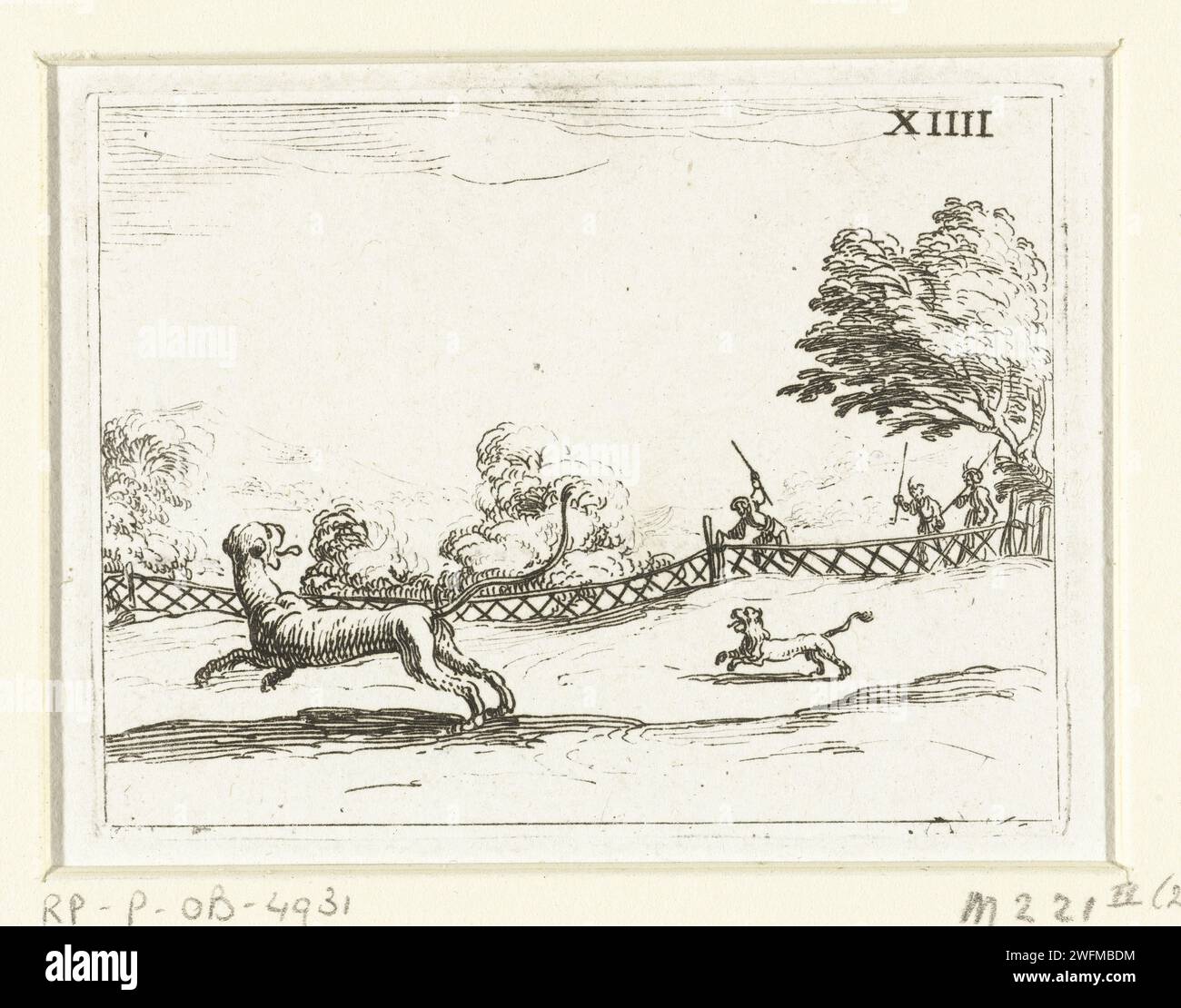 Hunters chase a lioness and her cub, Jacques Callot, 1646 print Presentation of a lioness and her cub, who run away for a number of hunters. This magazine is part of the emblem series 'Life of Maria in Emblemen'. In addition to a title page and 26 emblems, the first state of this series also includes three blades with hymns on Maria in book print without image. print maker: Nancypublisher: Paris paper etching lion hunt Stock Photo