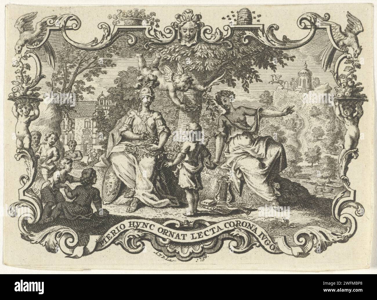 Boy by Minerva Lawered, Adolf van der Laan, 1738 print In the presence of putti and a muse, a boy is honored by Minerva. The laurel wreath is led in the air by a putto. In the distance on the right Pegasus on Mount Helicon. The show is caught is a graceful list of motifs of plants, animals and fruits.  paper etching (story of) Minerva (Pallas, Athena). single Muses. crowning with laurel. cupids: 'amores', 'amoretti', 'putti'. Pegasus, the winged horse Stock Photo