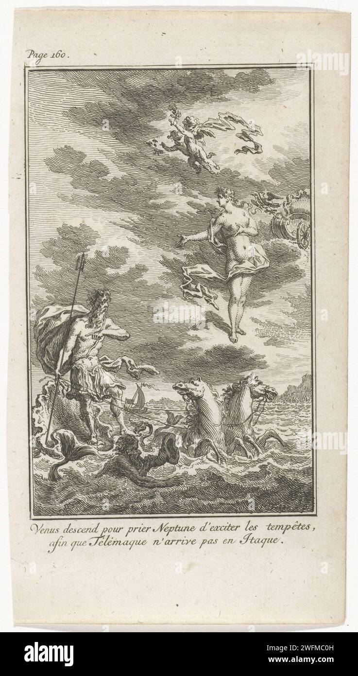 Venus a Neptunus, Simon Fokke, 1775 print Neptunus stands on a shell and is pulled by sea horses. He is in conversation with Venus who descended from the sky. Print on top left marked: Page 160. Amsterdam paper etching (story of) Telemachus. (story of) Venus (Aphrodite). (story of) Neptune (Poseidon) Stock Photo